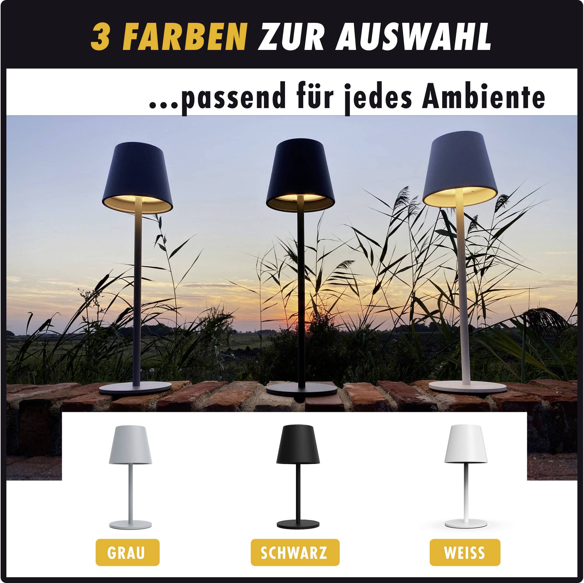 Drei Stehlampen in den Farben Grau, Schwarz und Weiß vor einer Landschaft im Sonnenuntergang, geeignet für verschiedene Umgebungen.
