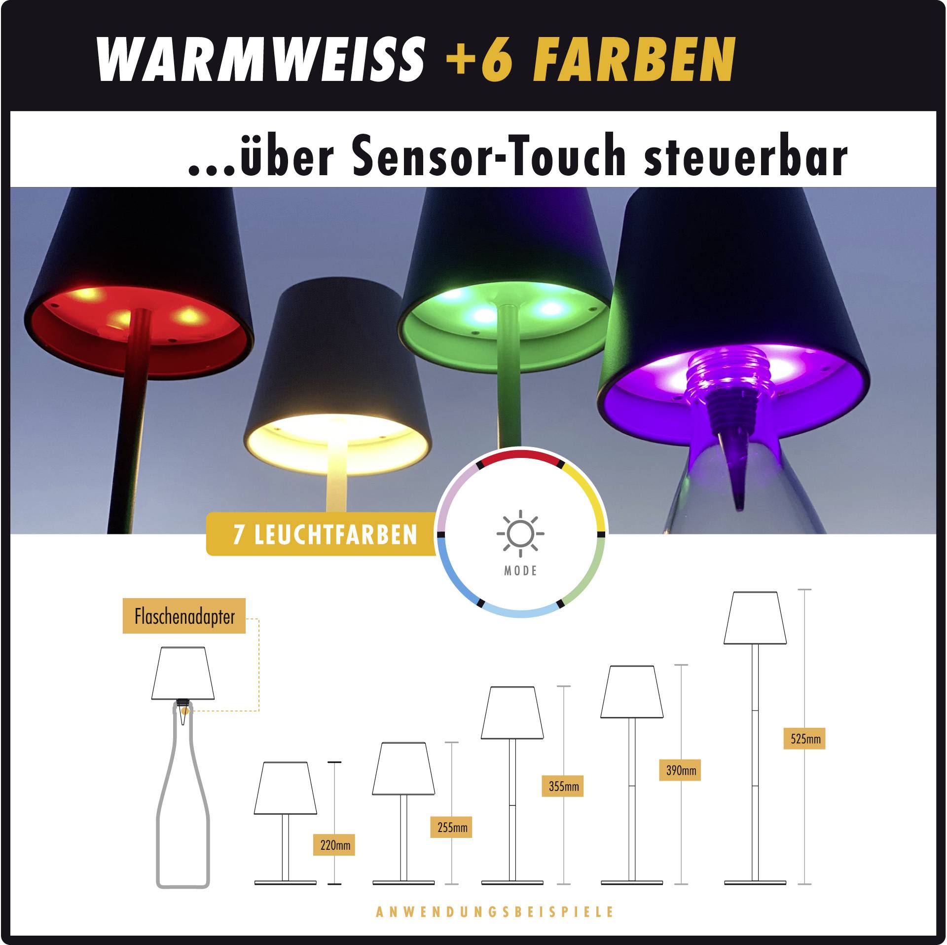 Lampenschirme in warmweiß und sechs Farben, steuerbar über Sensor-Touch. Bild zeigt Flaschenadapter-Anwendung und Leuchtfarben.