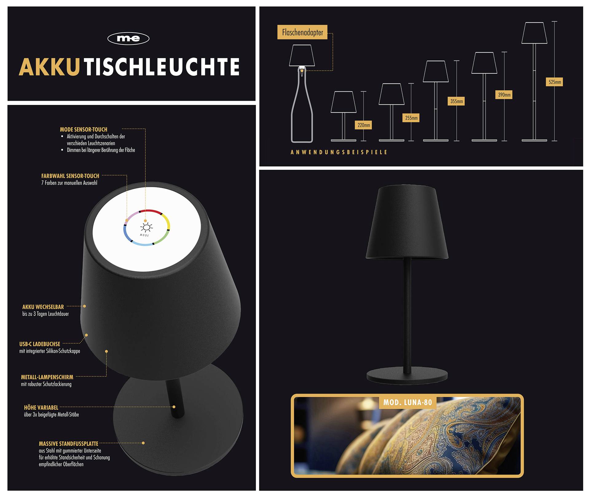 'Akkutischleuchte' und Diagramm mit Lampenmodellen. Details: sensorbasiertes Einschalten, dimmbar, Farbwechsel. Höhe: 40 Zentimeter.