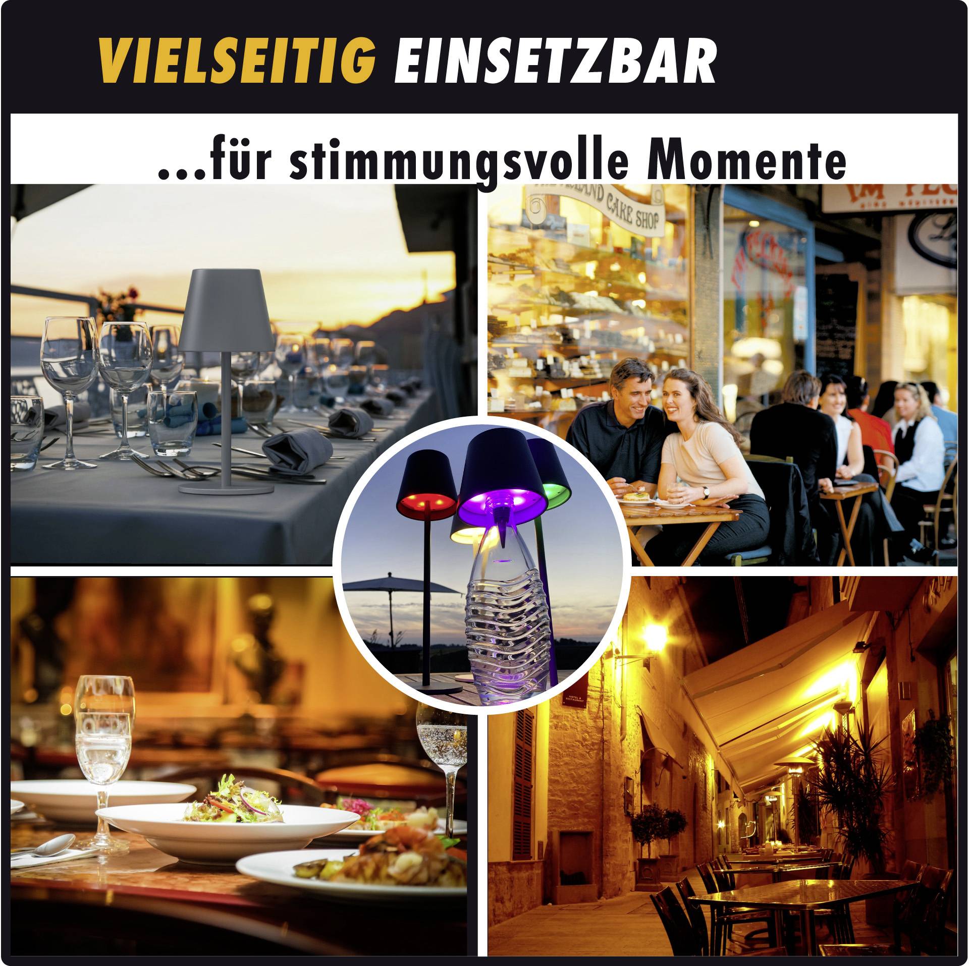 Collage von stimmungsvollen Restaurantszenen mit farbigen Beleuchtungen und Text 'Vielseitig einsetzbar ...für stimmungsvolle Momente'.