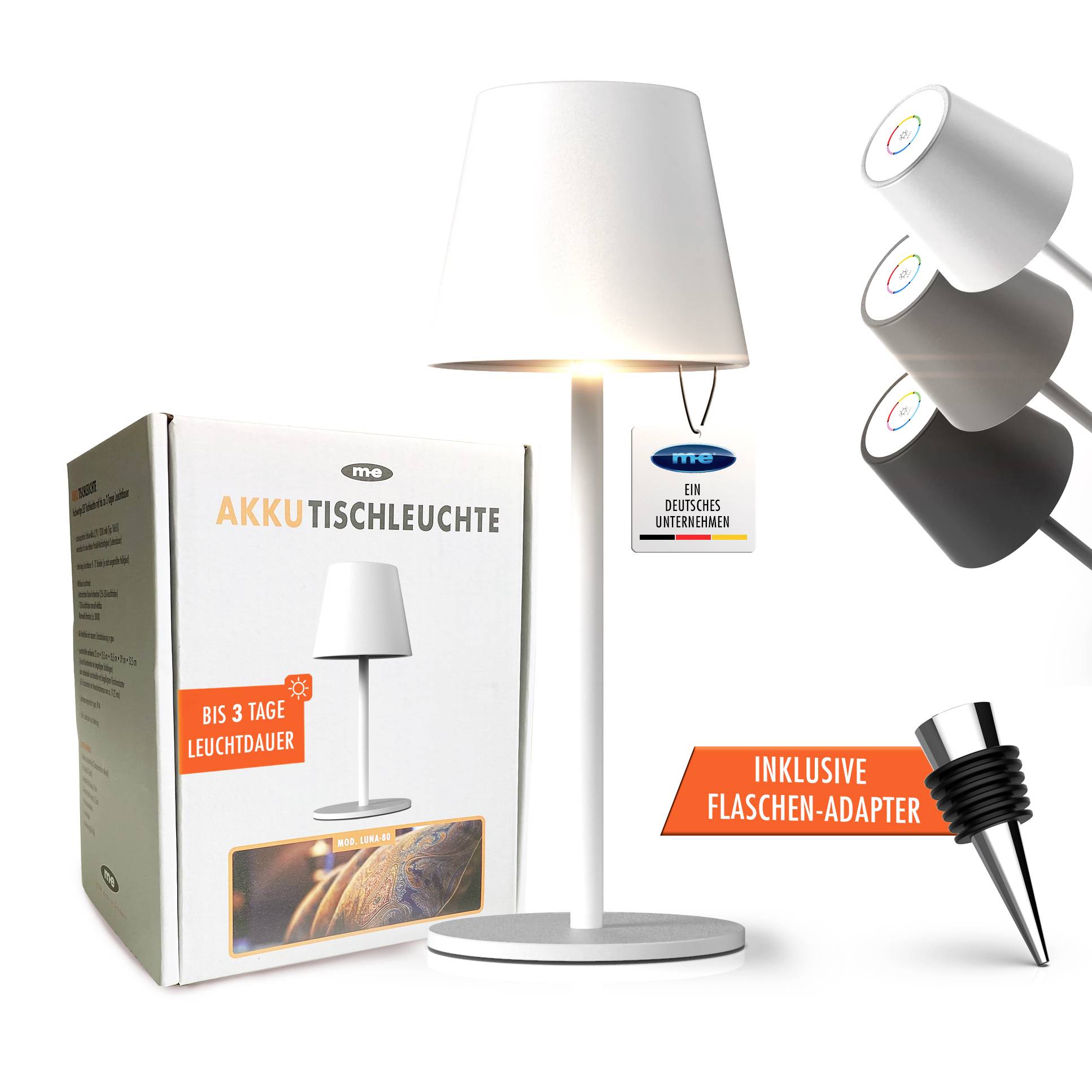 Akkutischleuchte mit 3 Tagen Leuchtdauer und Flaschenadapter. Verpackung zeigt Lampe und Logos. Drei Farbvarianten abgebildet.