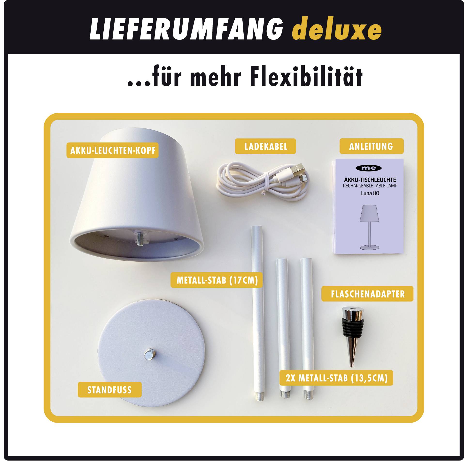 'Lieferumfang deluxe' zeigt einen Akku-Leuchten-Kopf, Standfuß, zwei Metall-Stäbe, eine Anleitung, ein Ladekabel und einen Flaschenadapter.