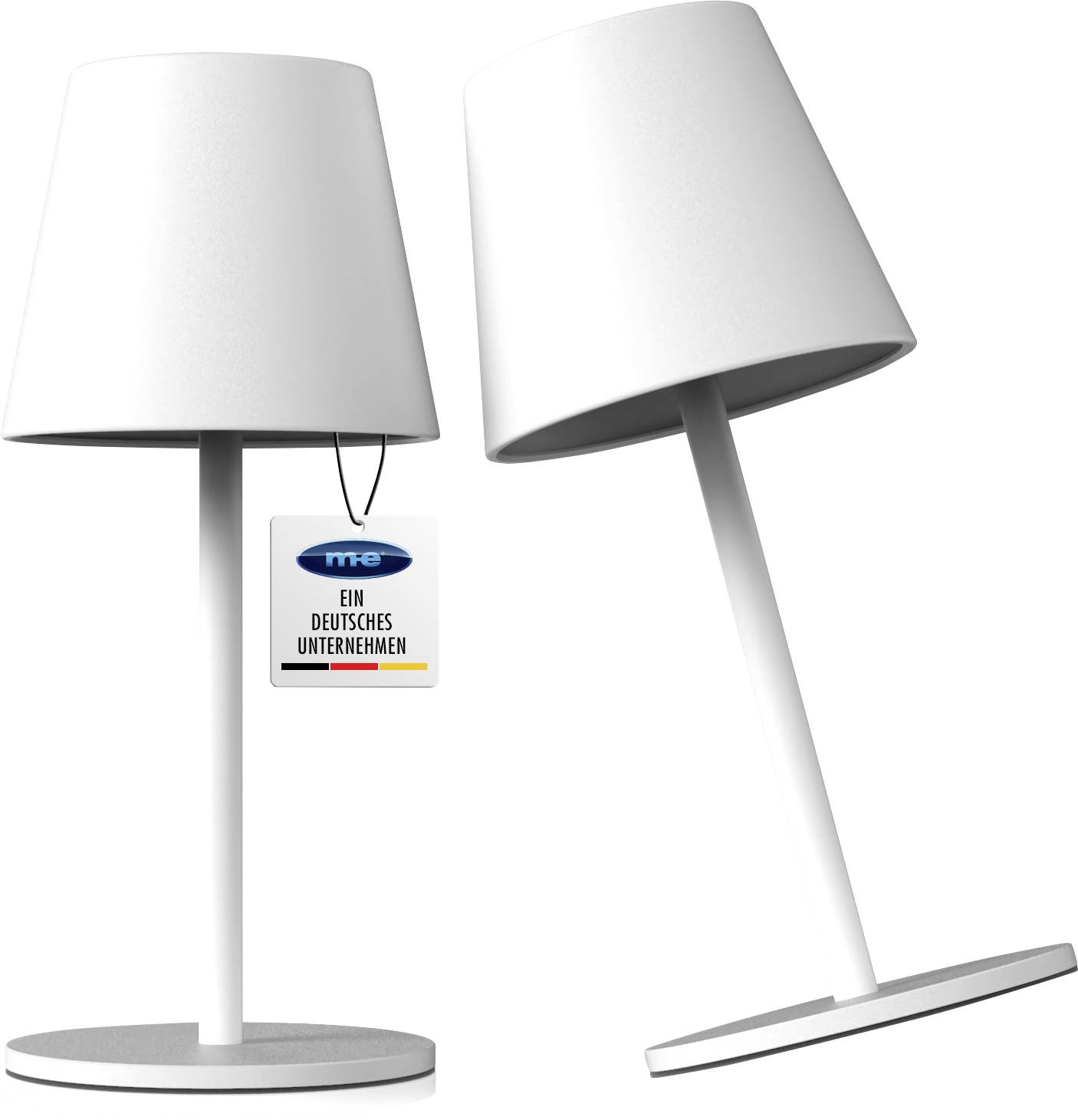 Zwei weiße moderne Tischlampen mit runden Basen, eine aufrecht und eine geneigt, mit einem Schild, auf dem 