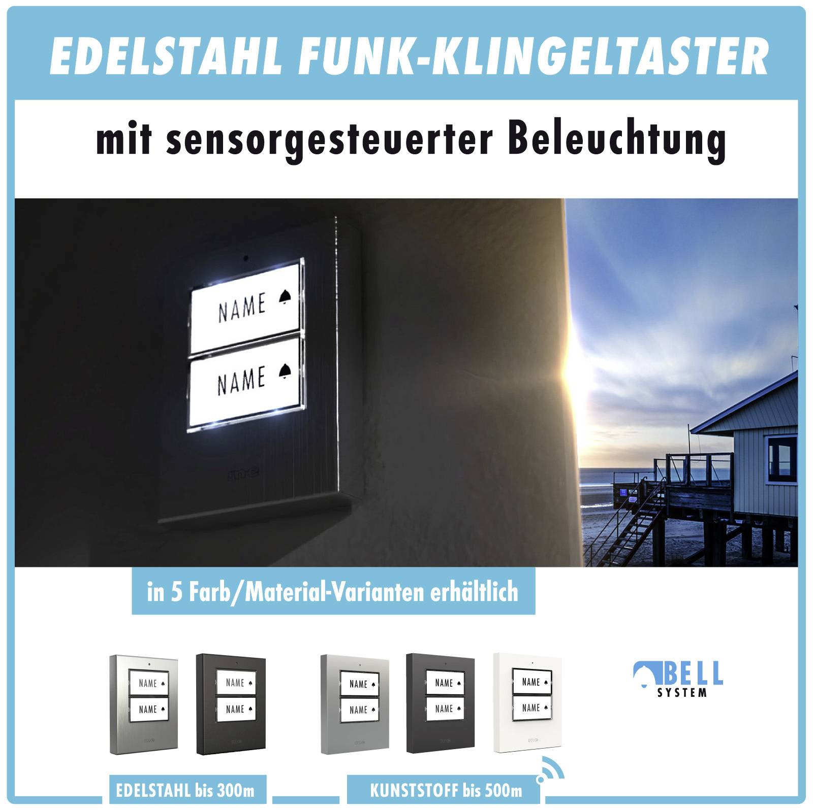 M-e modern-electronics 100141 Funkklingel Komplett-Set beleuchtet, mit Namensschild