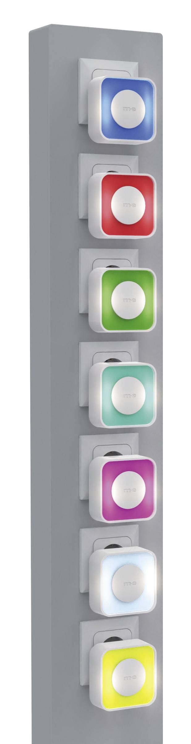 Ein vertikales graues Panel, das sieben quadratische Geräte mit kreisförmigen Zentren zeigt, die in verschiedenen Farben beleuchtet sind: blau, rot, grün, rosa, aqua, weiß und gelb.