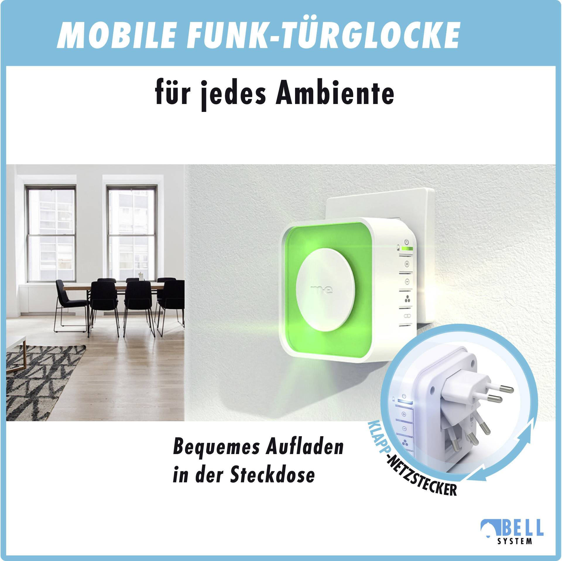 Mobile Funk-Türglocke mit Steckdose zum Aufladen. Wohnumgebung im Hintergrund. Text: 'für jedes Ambiente', 'Bequemes Aufladen in der Steckdose'.