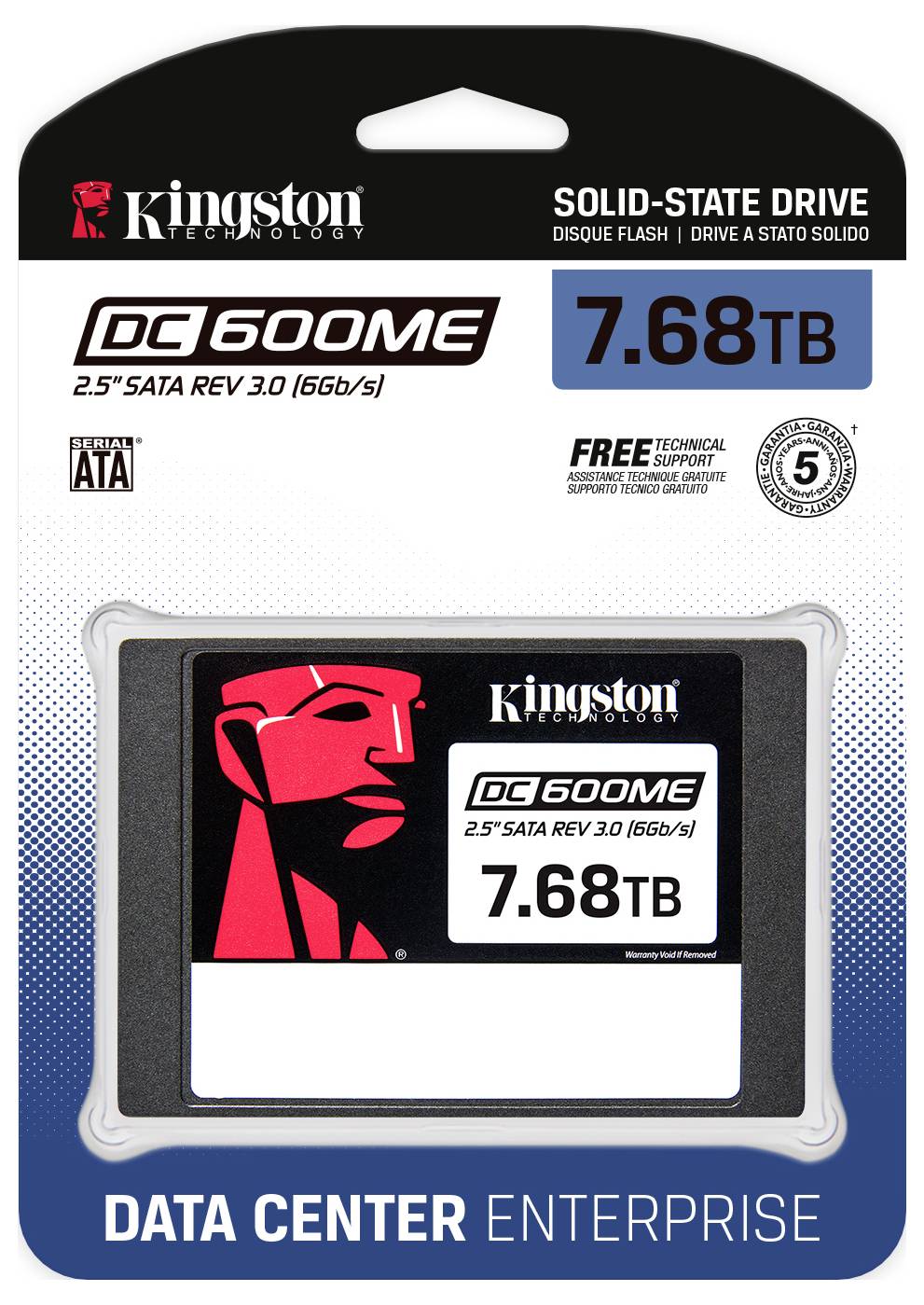 Kingston DC600M 7,68 TB Solid-State-Laufwerk für Rechenzentren und Unternehmensanwendungen, mit SATA REV 3.0-Schnittstelle und einer Garantiezeit von fünf Jahren.