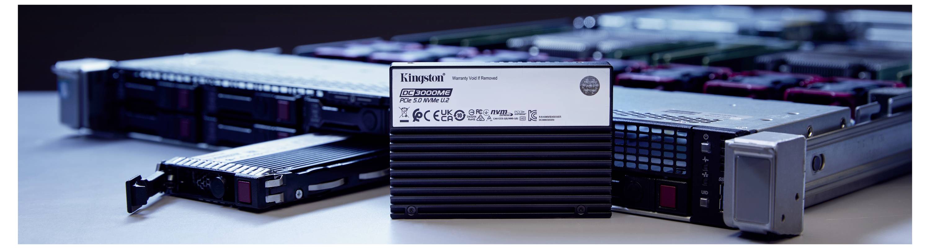 Eine Nahaufnahme einer Festplatte des Herstellers Kingston auf einem Servergestell, auf der technische Spezifikationen zu sehen sind. Im Hintergrund befinden sich weitere Festplatten und Serverausrüstung.