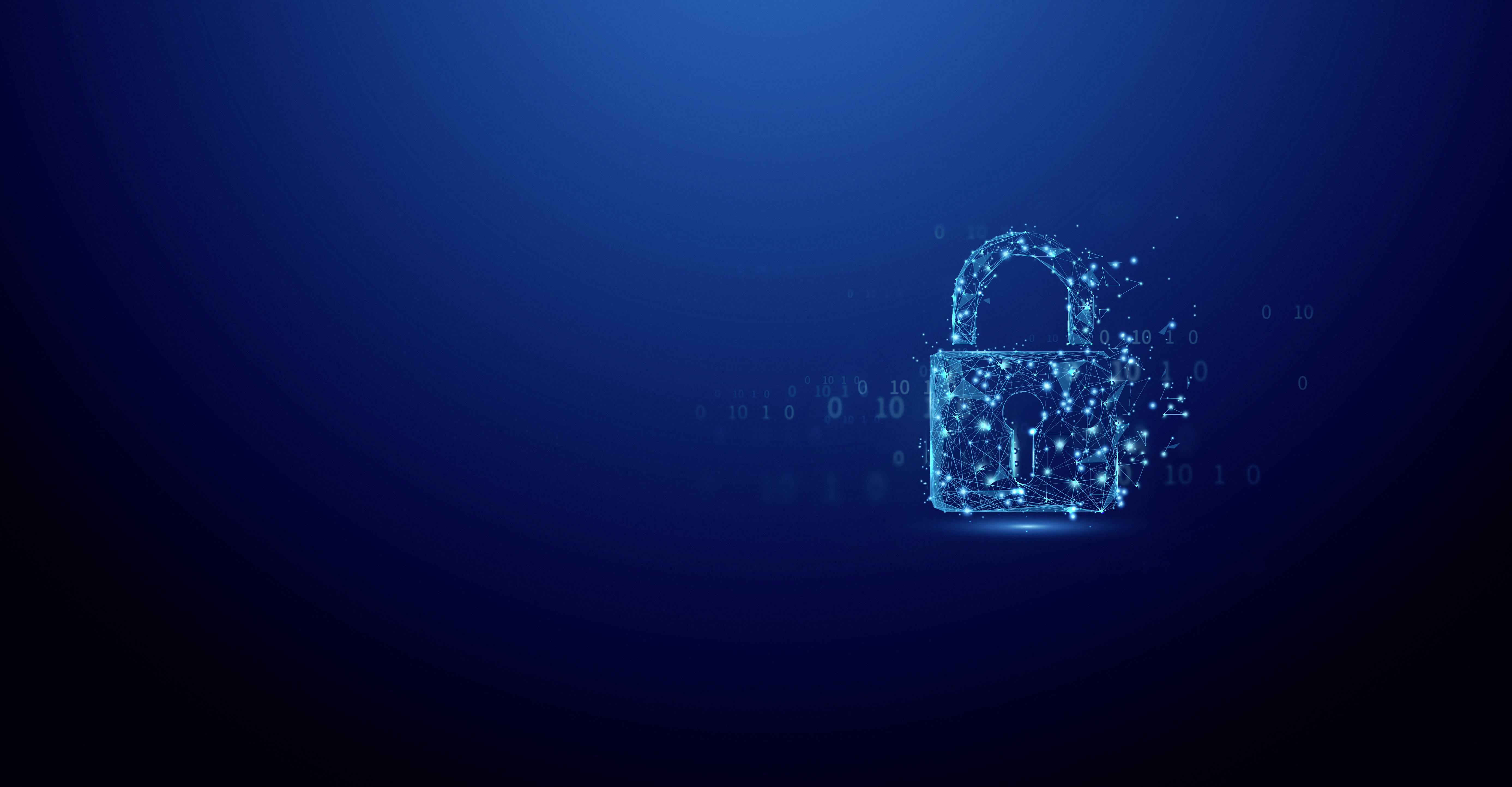 Ein digitales Vorhängeschloss, bestehend aus Binärcode auf blauem Hintergrund, symbolisiert Cybersicherheit und Datenschutz.