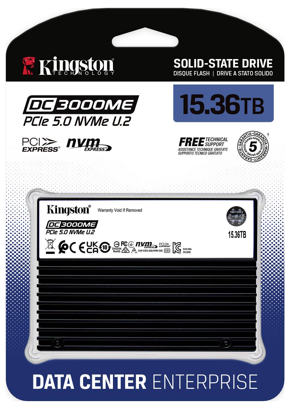 Kingston DC3000ME PCIe 5.0 NVMe U.2 Solid-State-Laufwerk, 15,36 TB Kapazität, für Unternehmensdatenzentren, inklusive kostenlosem technischem Support.