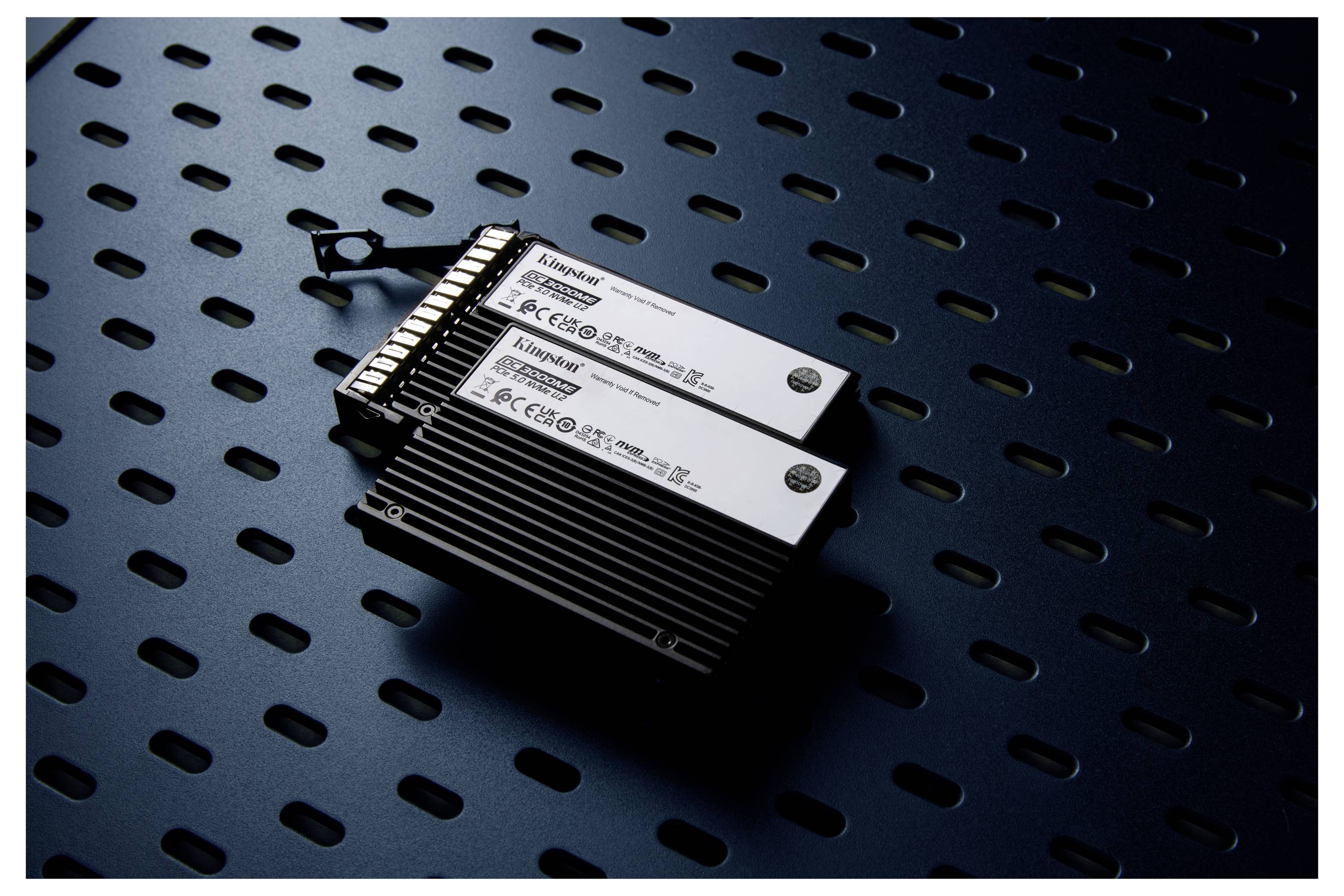 Zwei Kingston RAM-Riegel liegen auf einer gelochten Metalloberfläche, mit weichem Licht beleuchtet, das ihre Branding und Anschlüsse hervorhebt.