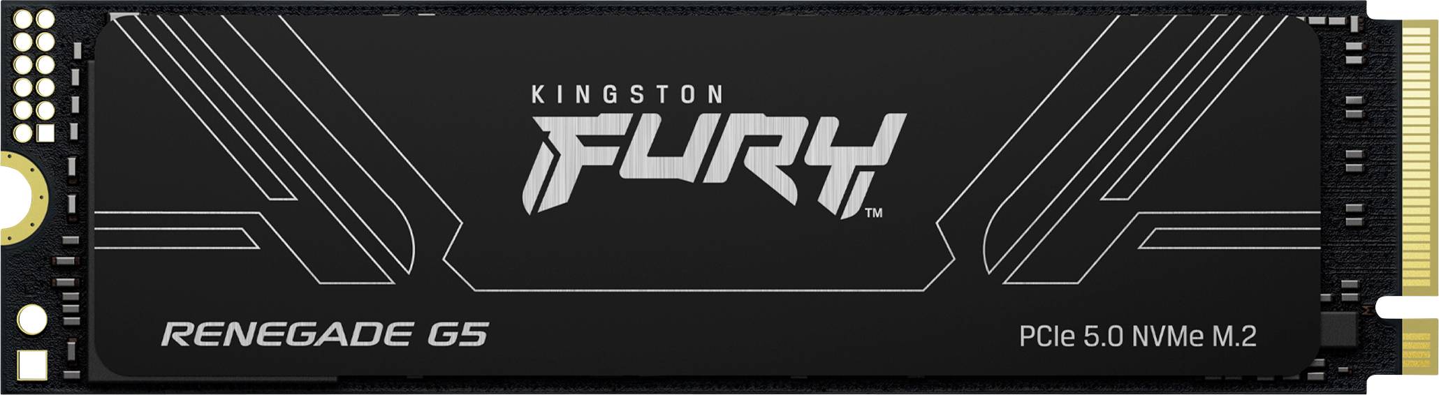 SSD mit der Bezeichnung 'Kingston FURY Renegade G5, PCIe 5.0 NVMe M.2', mit einem Design mit stilisierten Grafiken und elegantem schwarzem Gehäuse.