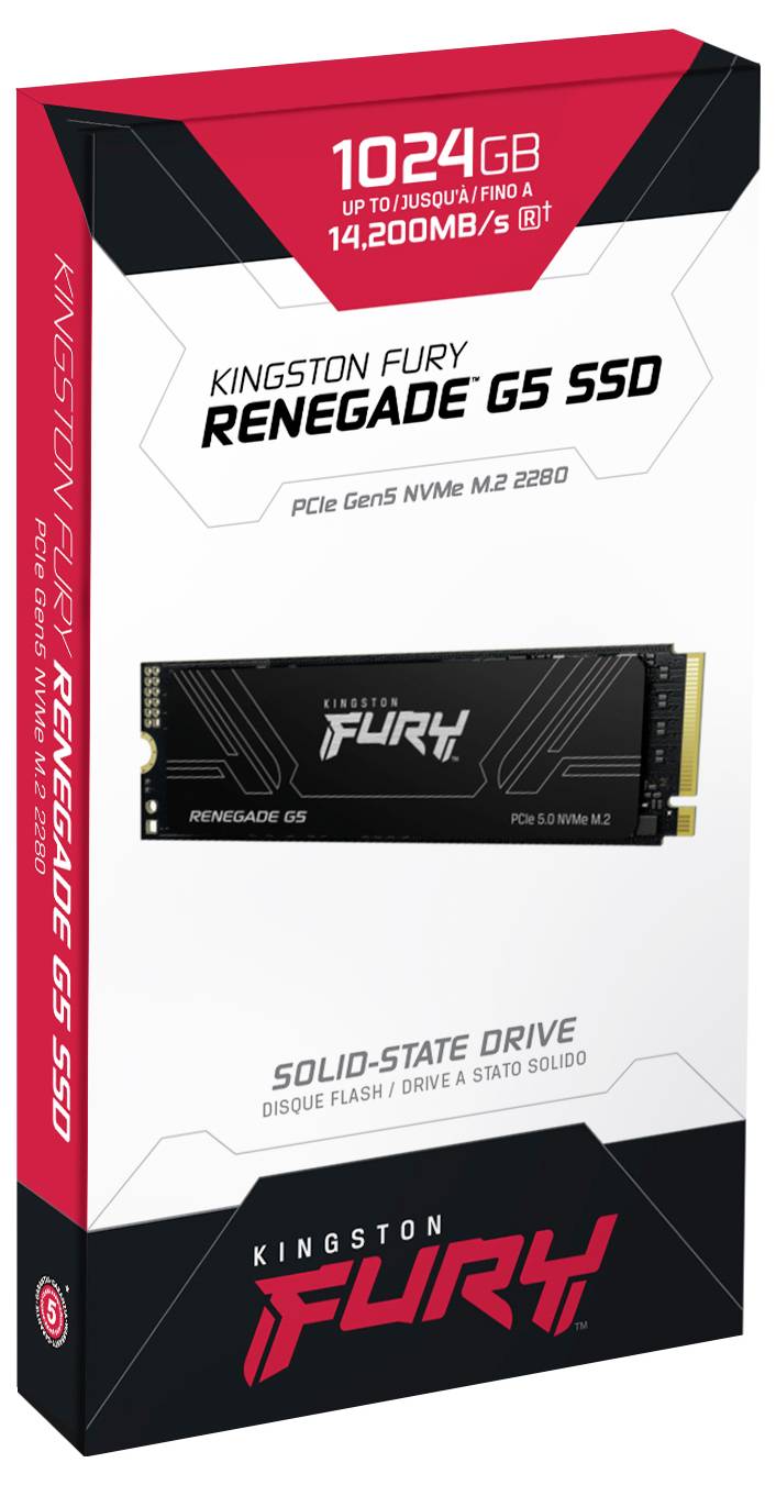 Kingston Fury Renegade G5 SSD Verpackungsbild mit Produktdetails: 1024 GB Kapazität, PCIe Gen5 NVMe M.2 2280, bis zu 14.200 MB/s Geschwindigkeit.