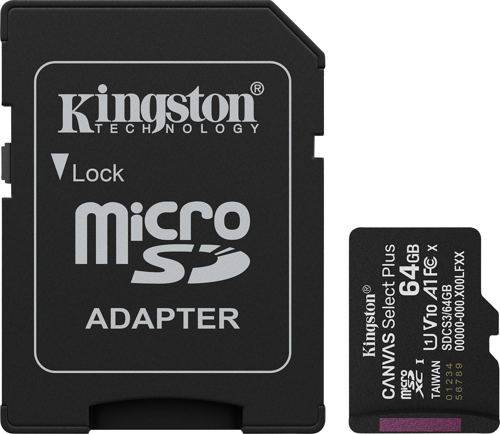 Kingston Technology microSD-Adapter und eine 64-GB-microSD-Karte nebeneinander platziert.