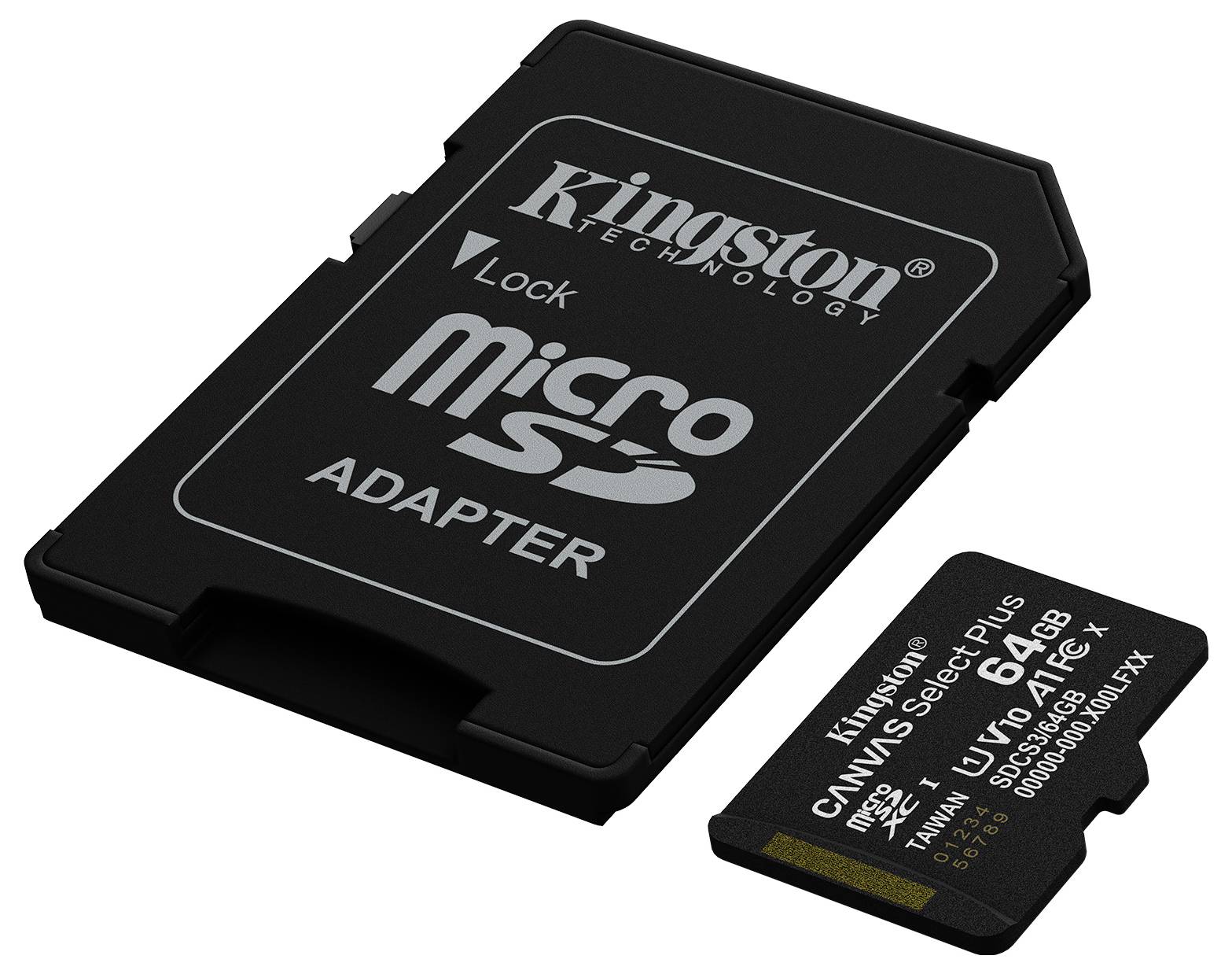 Eine schwarze Kingston microSD-Karte mit der Aufschrift '64 GB' wird neben ihrem Adapter gezeigt.