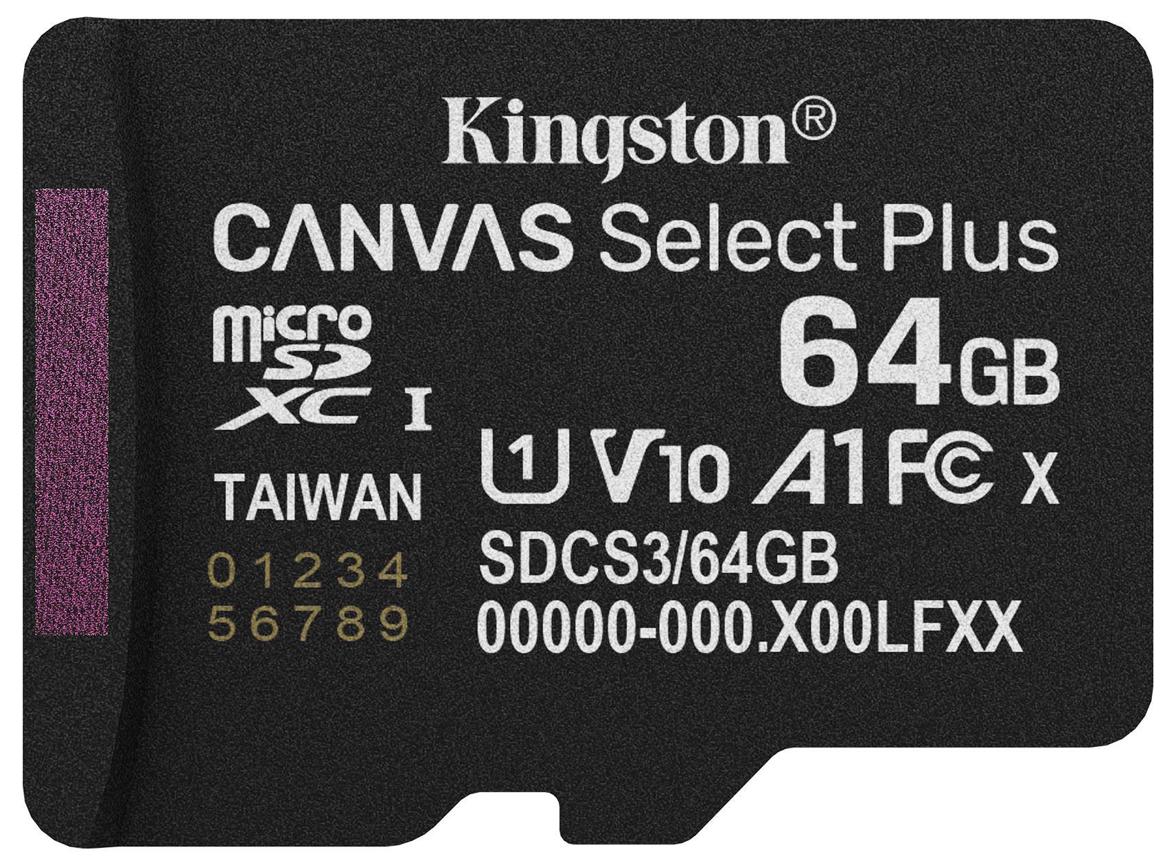 Kingston Canvas Select Plus microSD-Karte, 64 GB Kapazität, microSDXC UHS-I, V10 A1, hergestellt in Taiwan, Modell SDCS3/64GB.