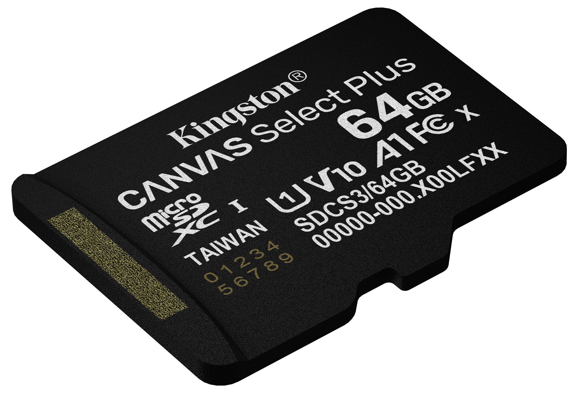 Kingston Canvas Select Plus 64 GB MicroSD-Karte, Klasse 10, UHS-I, A1-Leistung, mit aufgedruckten Seriennummern.