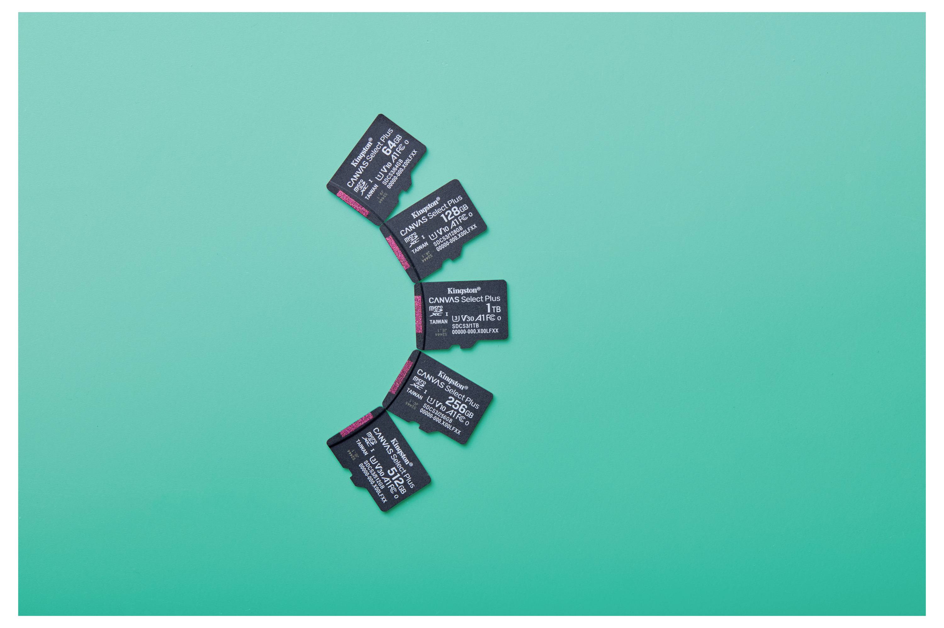 Fünf Micro-SD-Karten, die in einem kreisförmigen Muster auf einem Petrolhintergrund angeordnet sind und ihr kompaktes Design und ihre Speicherfähigkeit präsentieren.