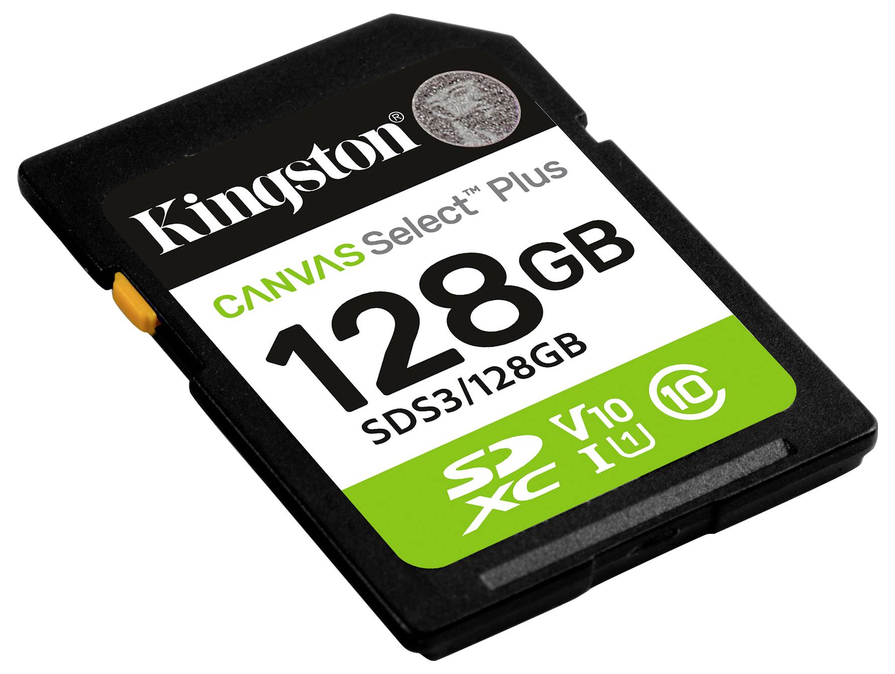 Eine Kingston Canvas Select Plus 128 GB SDXC-Speicherkarte mit V10- und U1-Bewertungen, geeignet für hochgeschwindigkeits Foto- und Videospeicherung.