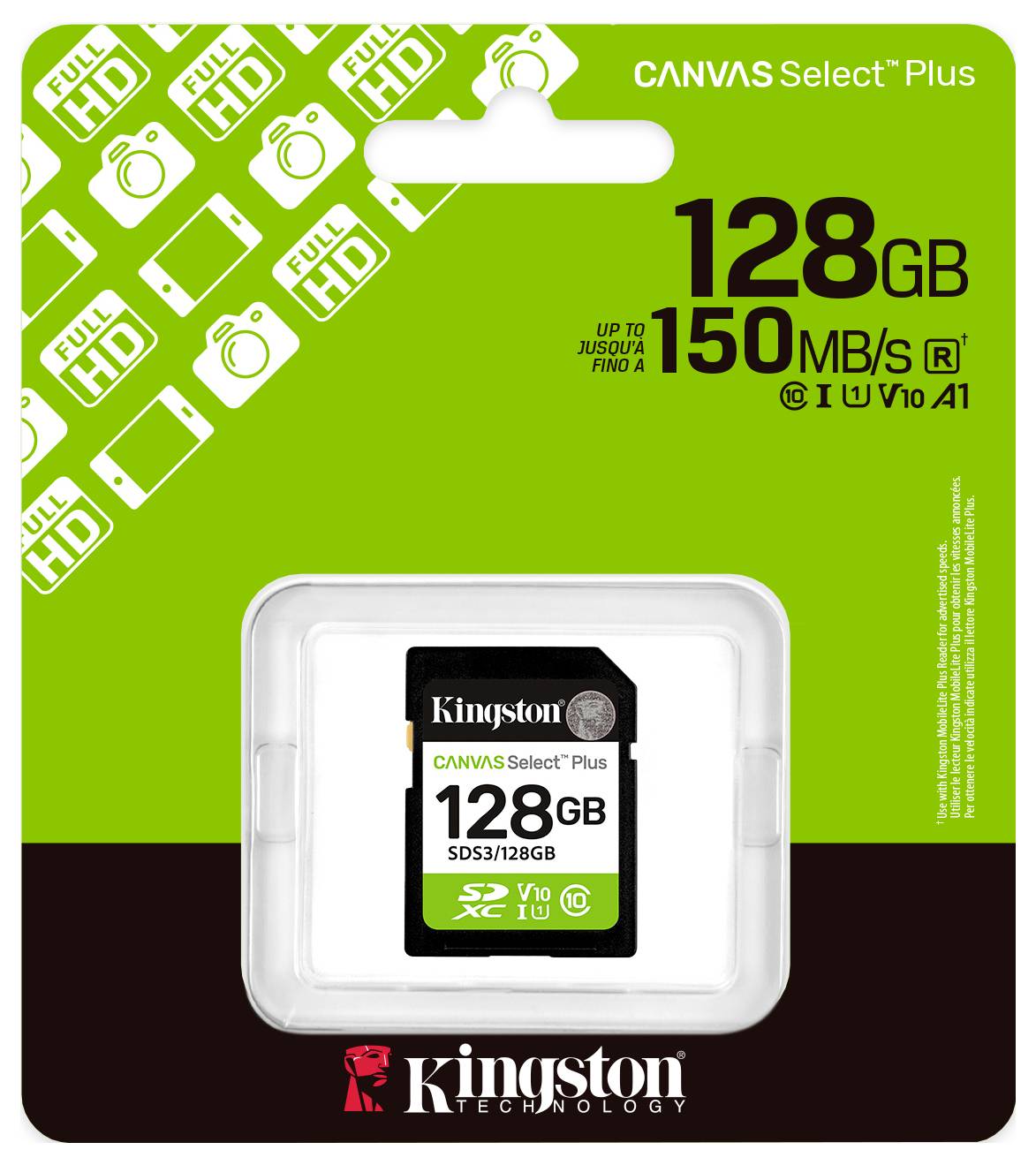 Kingston Canvas Select Plus 128GB SD-Karte, 150 MB/s, kompatibel mit Full-HD-Aufnahmen, V10, A1-Geschwindigkeitsklasse.