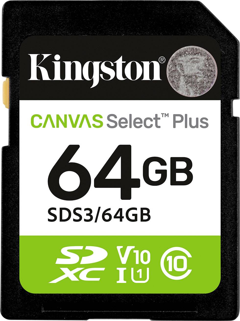 Kingston Canvas Select Plus SD-Karte, 64 GB Kapazität, mit Etiketten, die V10-, U1- und Klasse 10-Geschwindigkeitsbewertungen anzeigen.