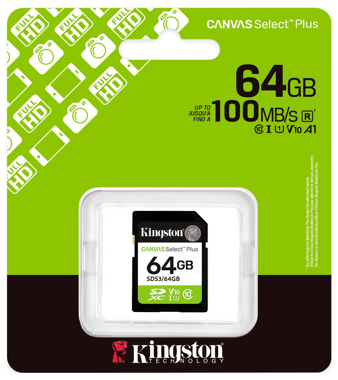 Kingston 64GB Canvas Select Plus Speicherkarte in Verpackung, mit bis zu 100 MB/s Geschwindigkeit, ideal für Full-HD-Videos und Fotos.