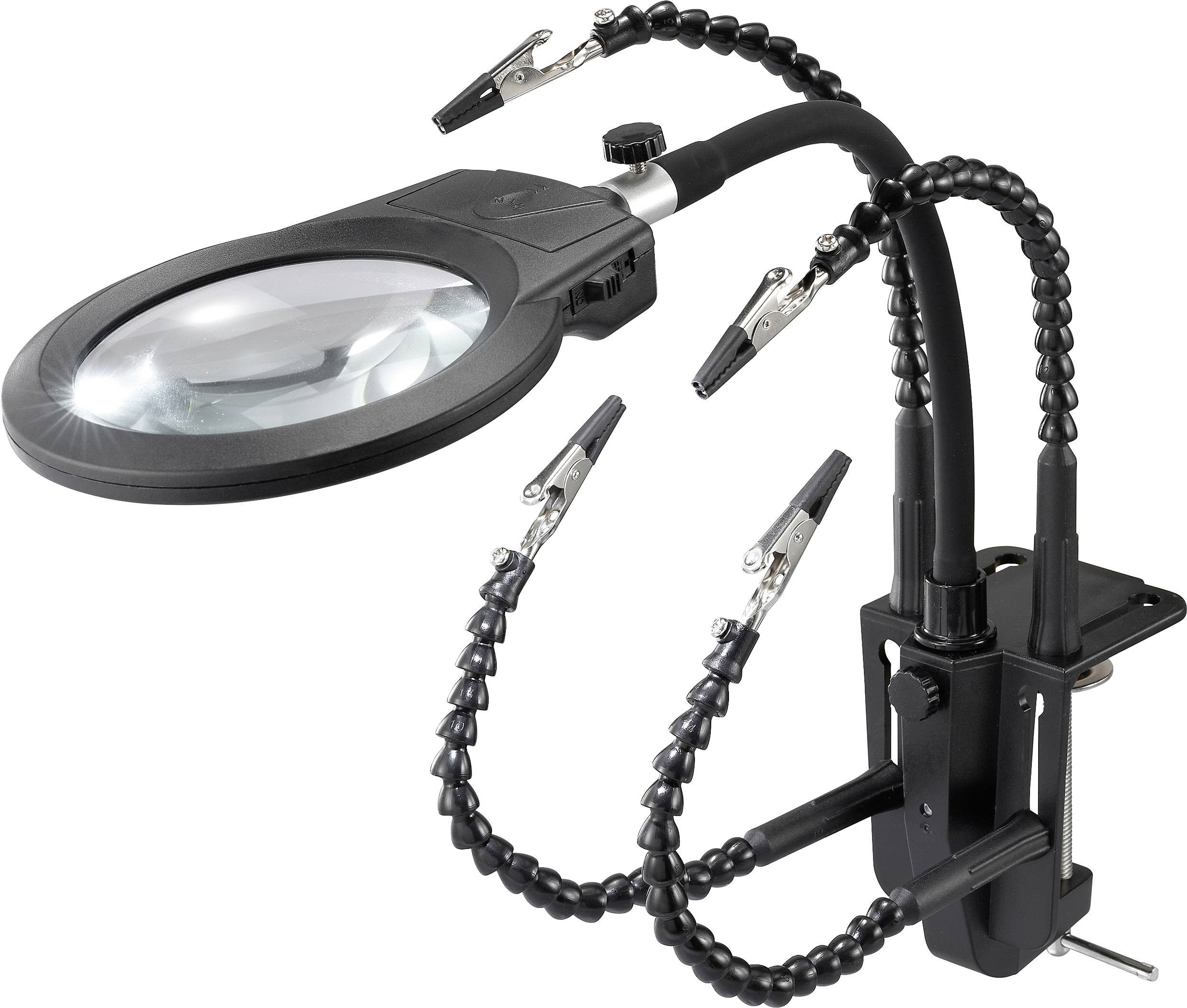 Eine Lupe mit einem flexiblen Arm, die an einer Klemme befestigt ist und für Präzisionsarbeiten oder händefreie Inspektionen verwendet wird.