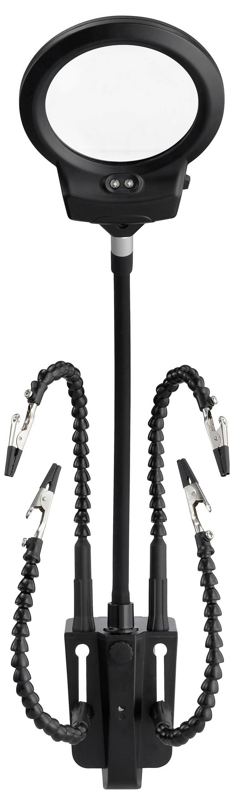 Eine Lupe mit LED-Leuchten, die an verstellbaren Armen mit Klammern befestigt ist und für Präzisionsarbeiten oder Handarbeiten verwendet wird.