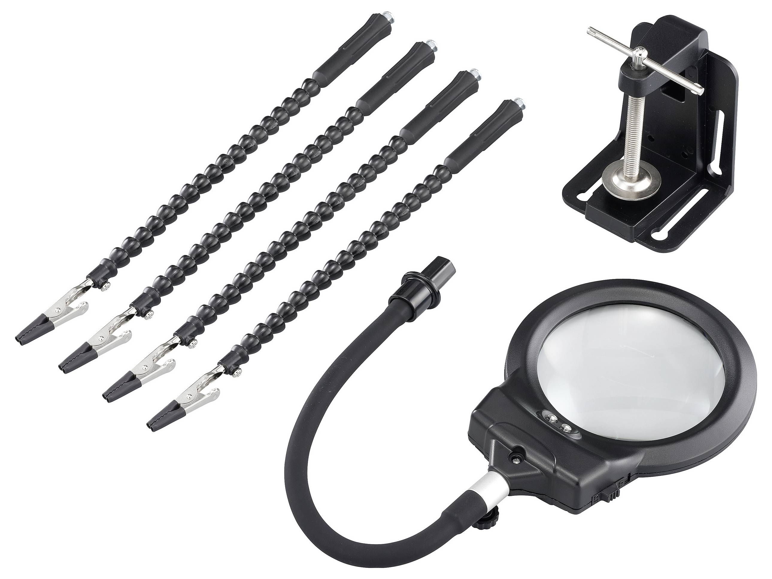 Eine Lupe mit flexiblem Arm, vier schwarzen Krokodilklemmarmen und einer Klemmbase zum Halten und Untersuchen kleiner Gegenstände.