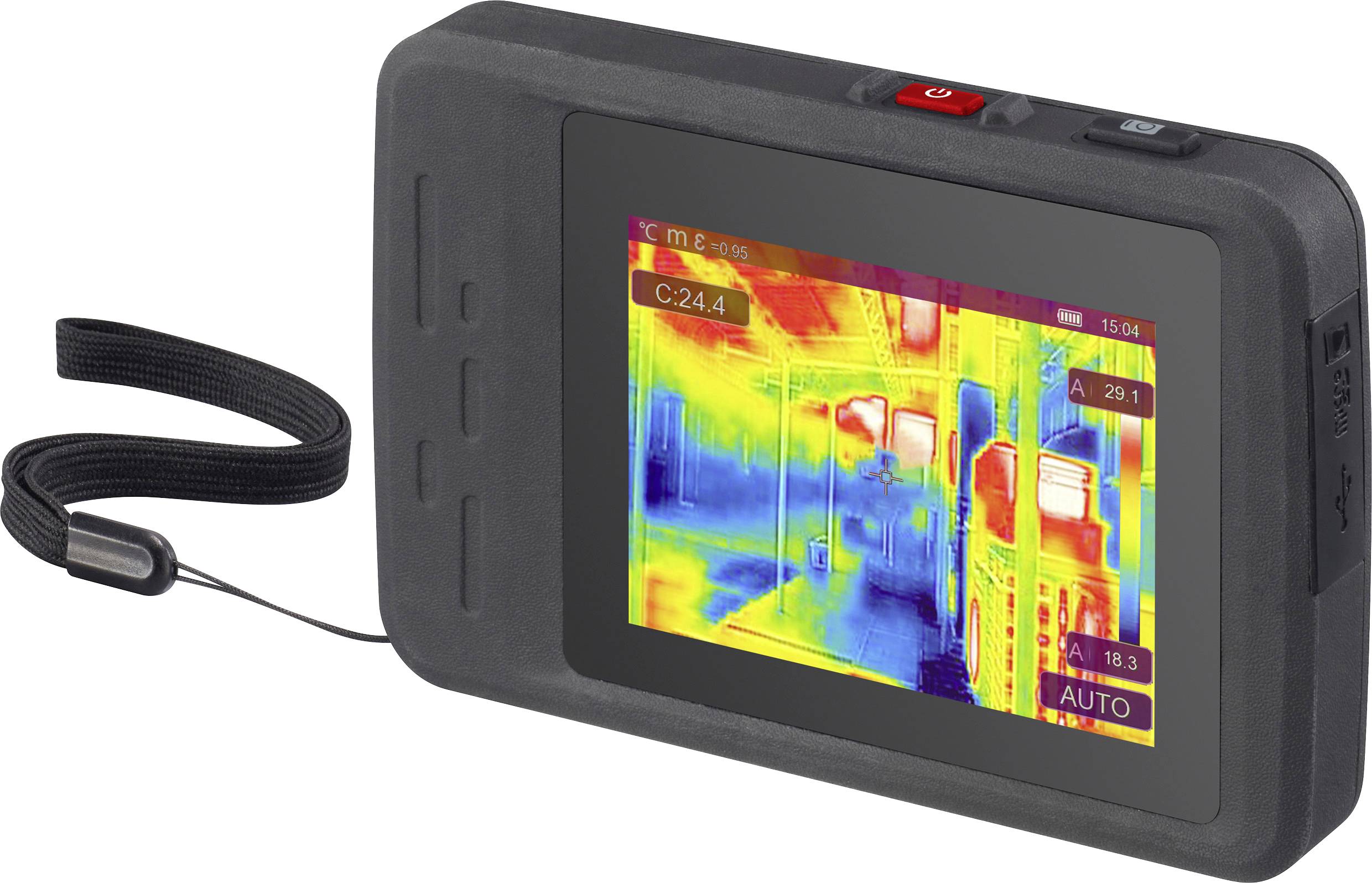 Ein tragbares Wärmebildgerät mit einem Bildschirm, der ein lebendiges Thermalbild eines Raumes zeigt und Temperaturunterschiede in verschiedenen Farben darstellt.