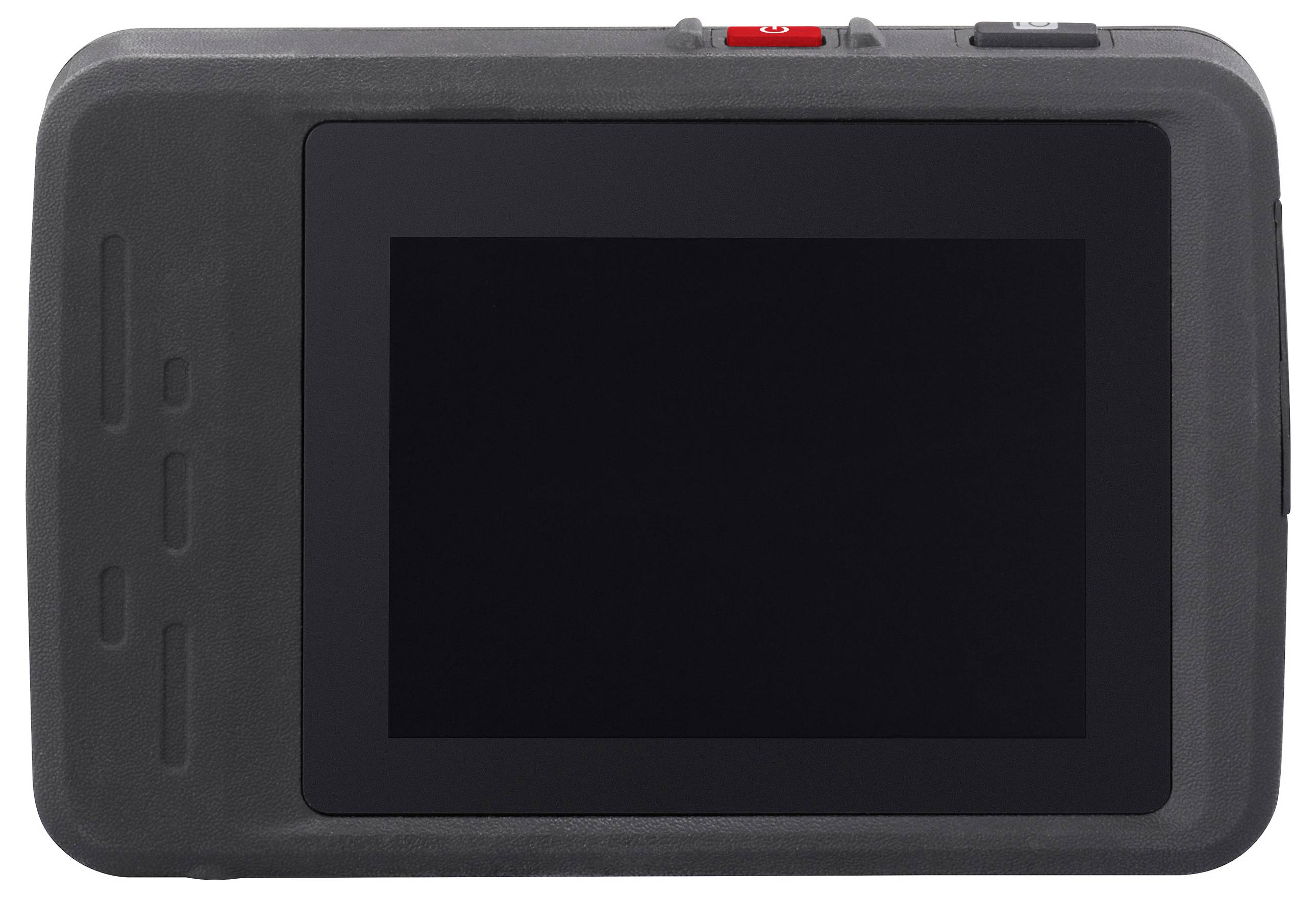 Das Bild zeigt die Rückseite einer kompakten Kamera mit einem leeren Bildschirm und minimalen Tasten, was auf ein einfaches, benutzerfreundliches Design hinweist.