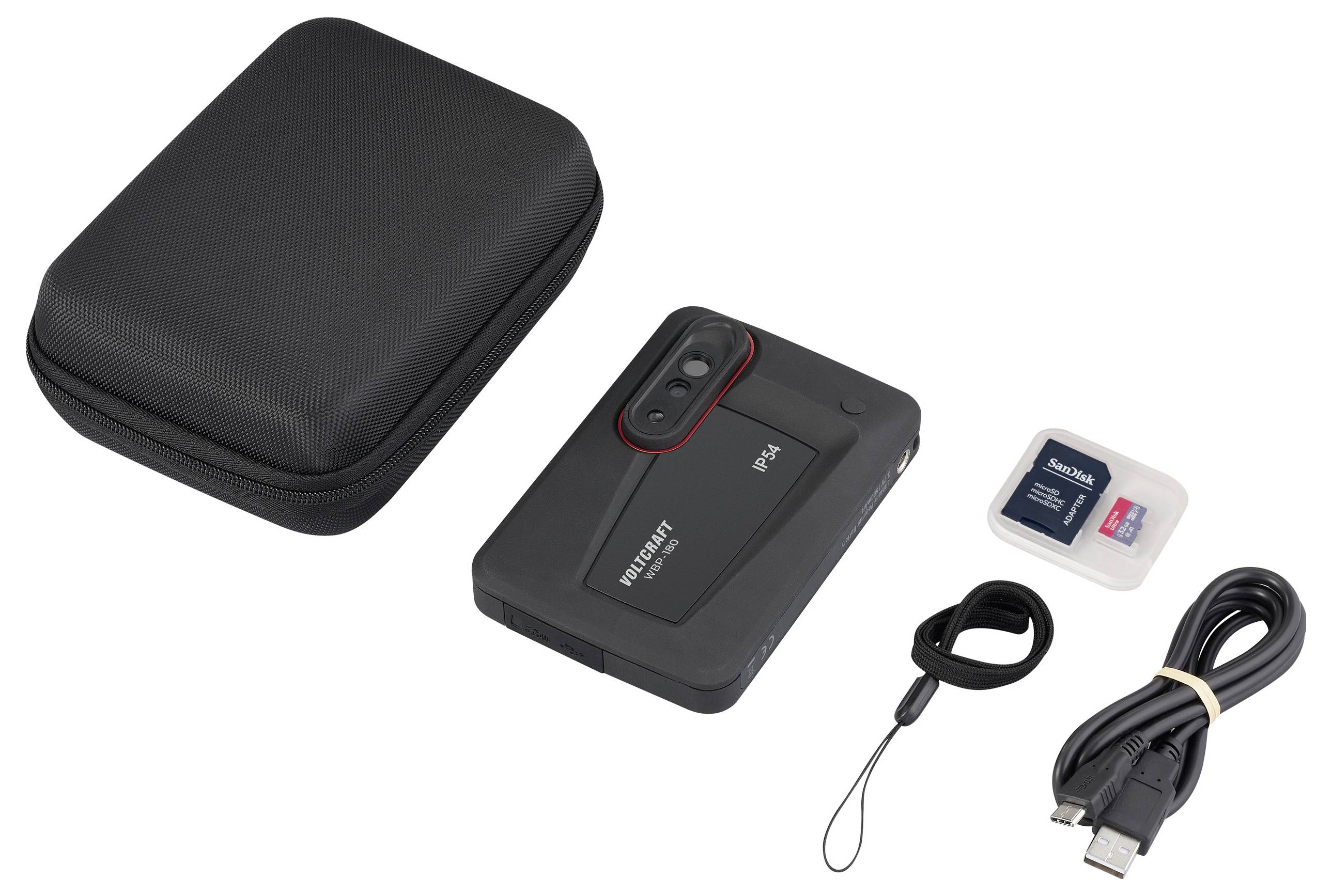 Ein tragbarer externer Festplattenspeicher mit einem schwarzen Gehäuse, Datenkabel, Lanyard und Speicherkarte.