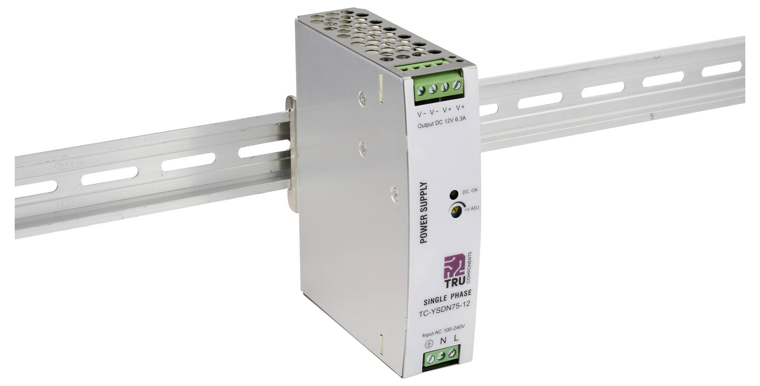 Netzteil von TRU auf einer Metallschiene montiert. Modell TDK HWS15A-5/A, einphasig, Übersicht des Frontpanels und der Anschlüsse.