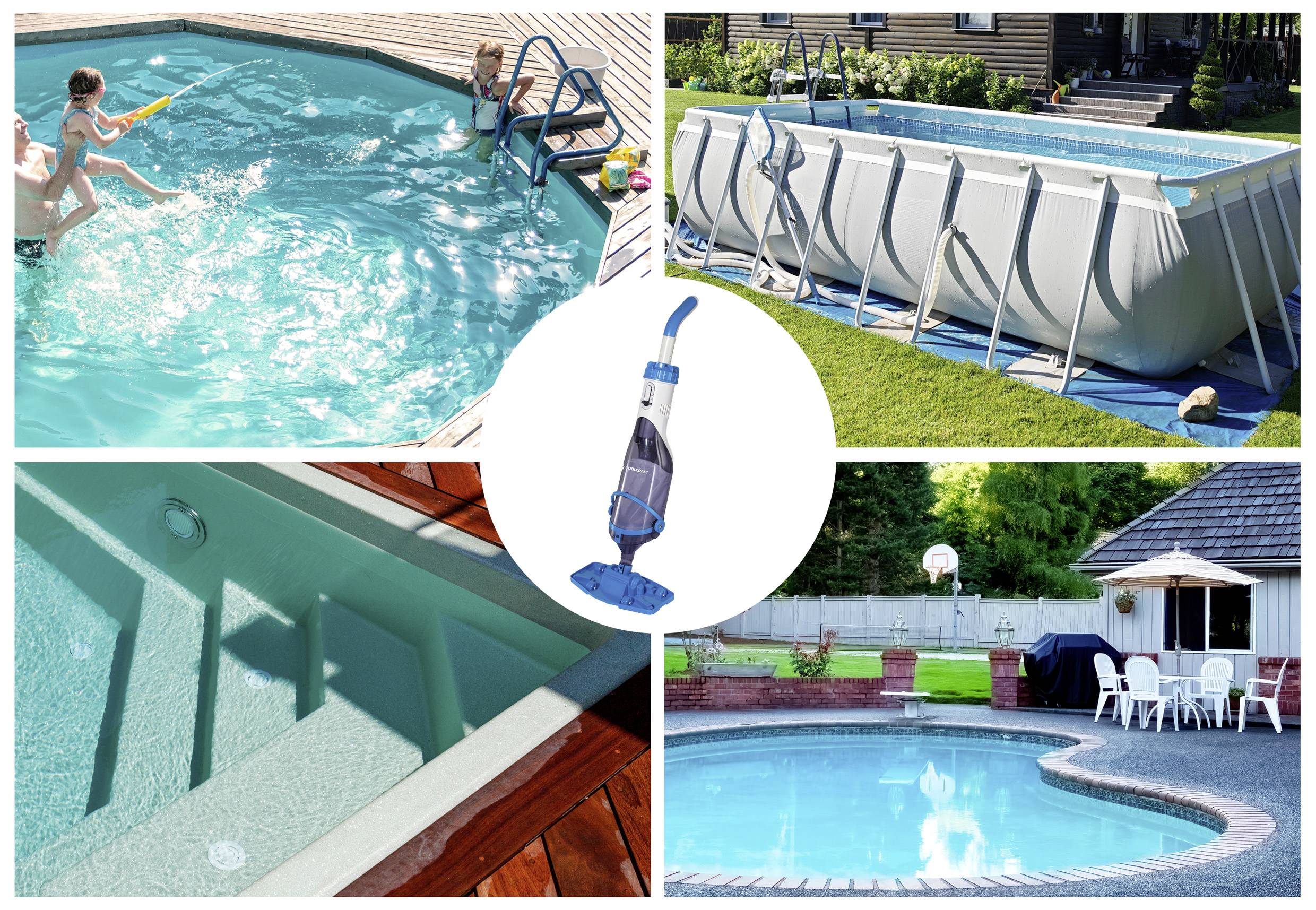 Collage von Schwimmbädern: Kinder, die in einem runden Pool spielen, ein Aufstellpool, Pooltreppe und ein Staubsauger in der Nähe eines ovalen Pools mit Terrassenmöbeln.