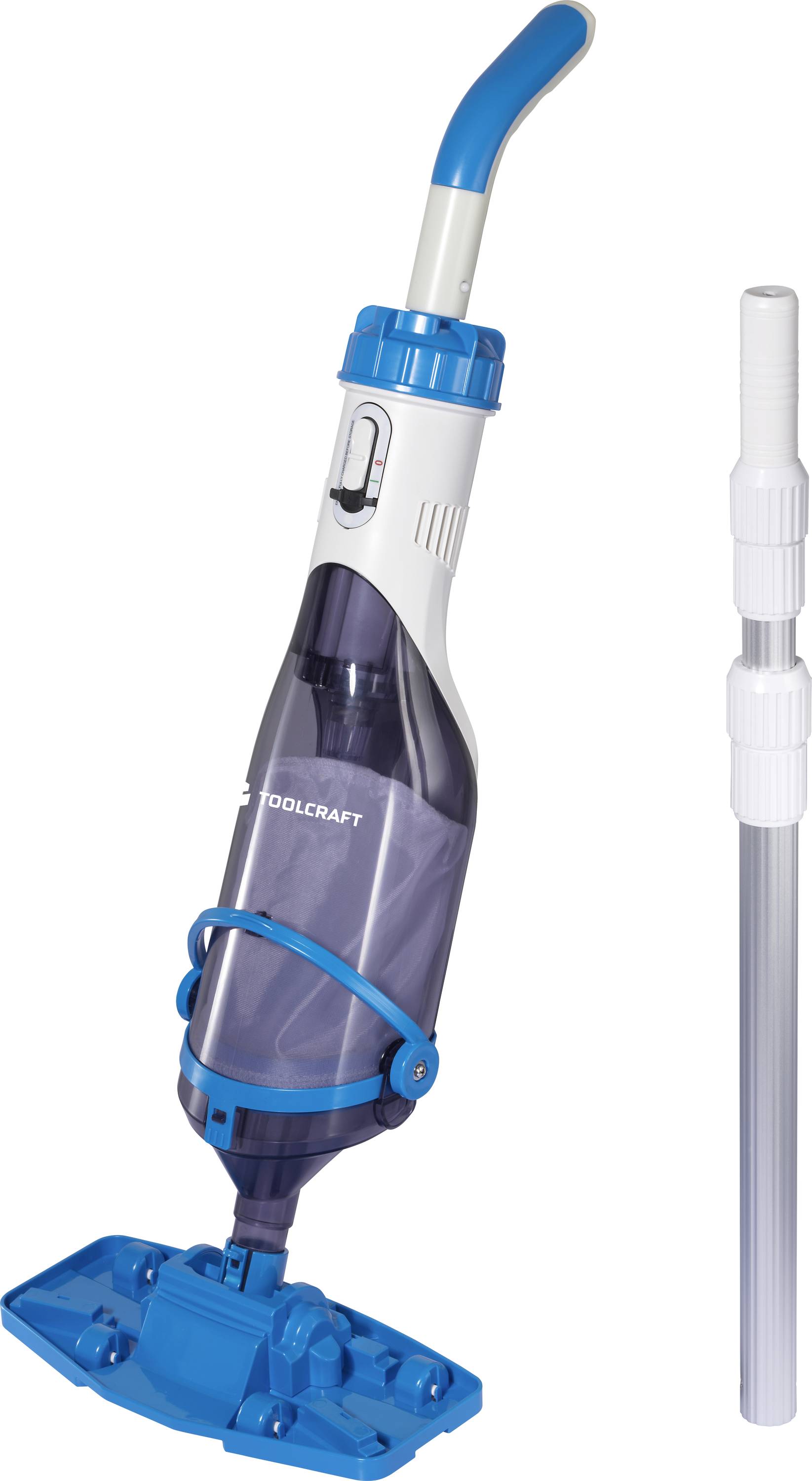 Ein blau-weißer, tragbarer Poolstaubsauger mit einem ausziehbaren Teleskopstiel, konzipiert zum Reinigen kleiner Ablagerungen aus Schwimmbecken.