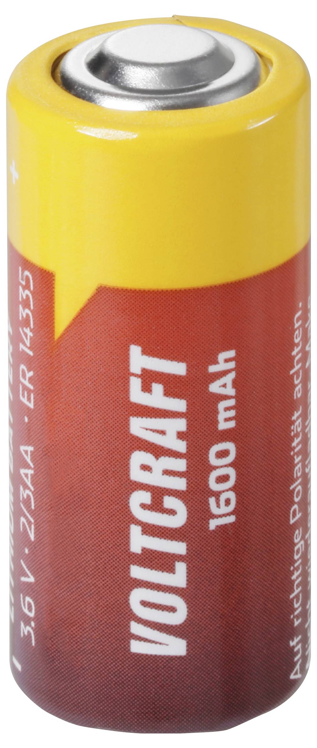 Nahaufnahme einer gelb-roten Voltcraft 3,6V wiederaufladbaren Batterie mit der Bezeichnung 