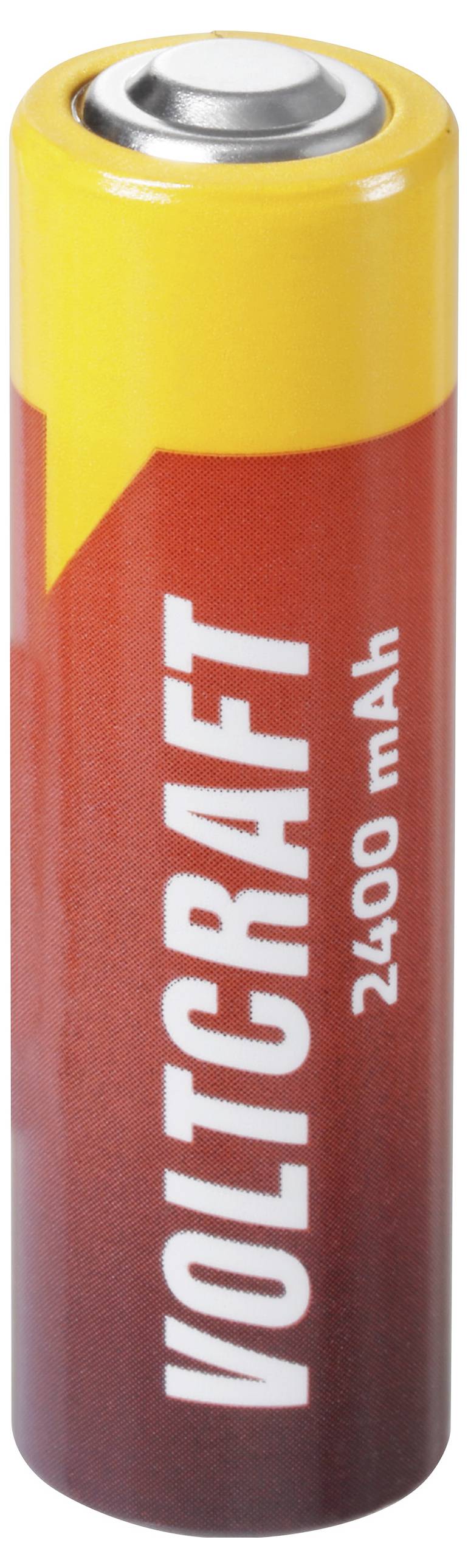 Eine gelb-rote Voltcraft-Batterie mit 2400 mAh und silberner Oberseite, aufrecht auf einem einfachen Hintergrund dargestellt.