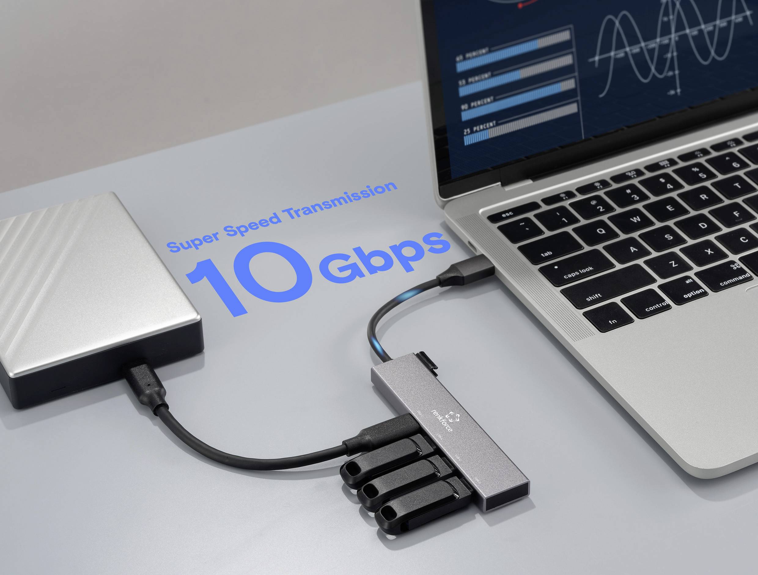 Ein Laptop, der mit einer Festplatte und einem USB-Hub verbunden ist, mit hervorgehobener Aufschrift 