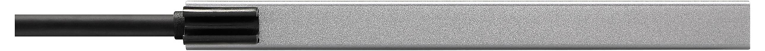 Ein schlanker, metallischer Stift mit schwarzer Spitze, horizontal liegend.