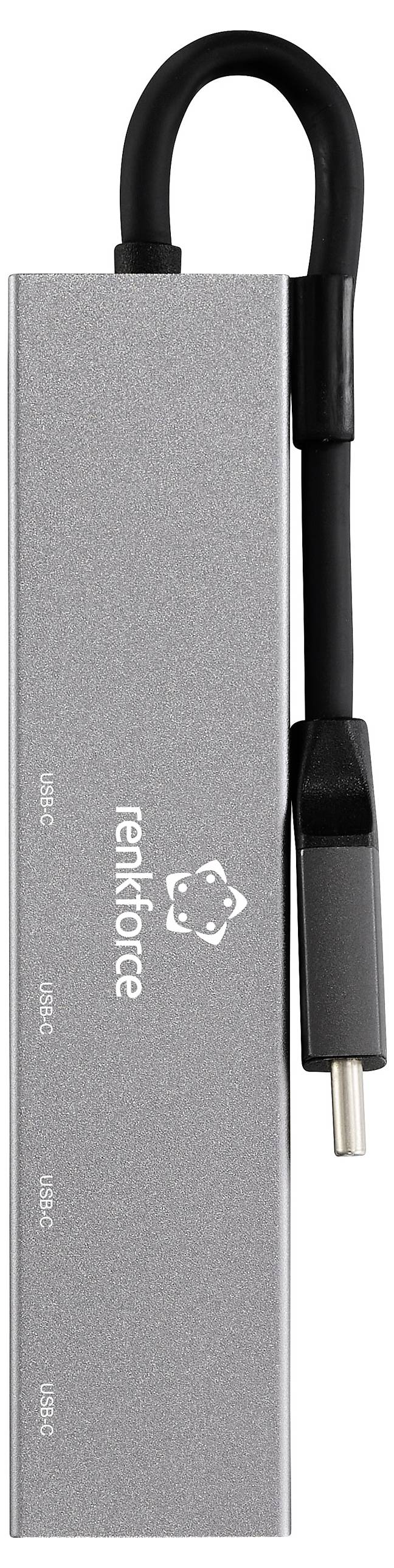 Ein USB-C-Multiport-Adapter von Renkforce mit Metallgehäuse und drei beschrifteten Anschlüssen für HDMI-, VGA- und USB-A-Konnektivität.