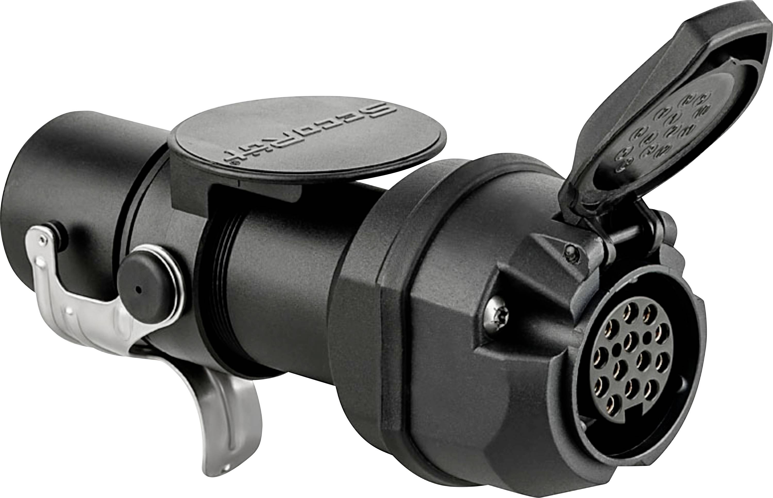 Ein schwarzer und silberner Elektrostecker mit offener Kappe, die mehrere runde Kontaktstifte enthüllt, der zum Verbinden von Fahrzeugen mit Anhängern verwendet wird.