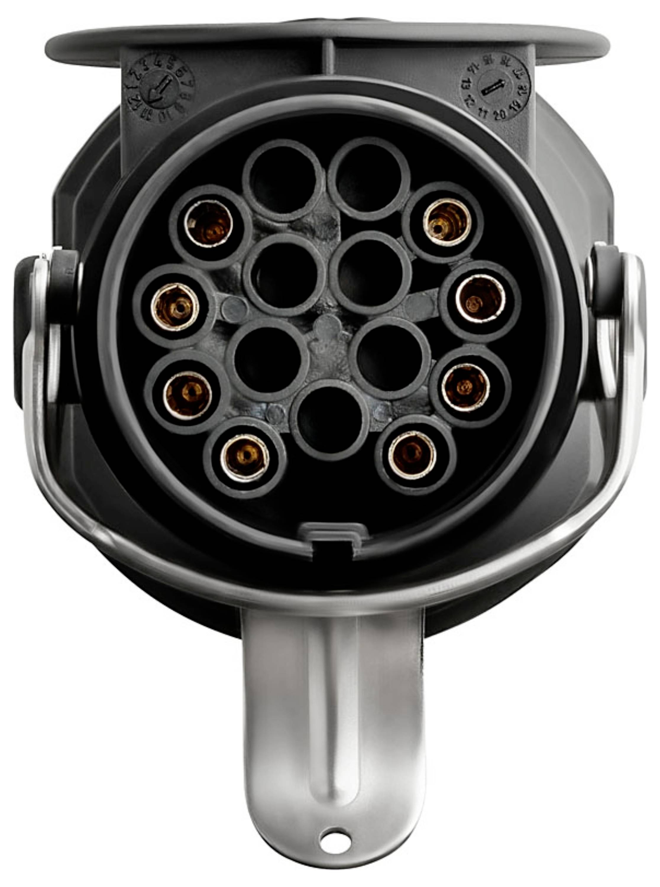 Ein schwarzer 20-poligr Steckverbinder mit Löchern, die in zwei Reihen angeordnet sind, wird für elektronische Verbindungen verwendet.