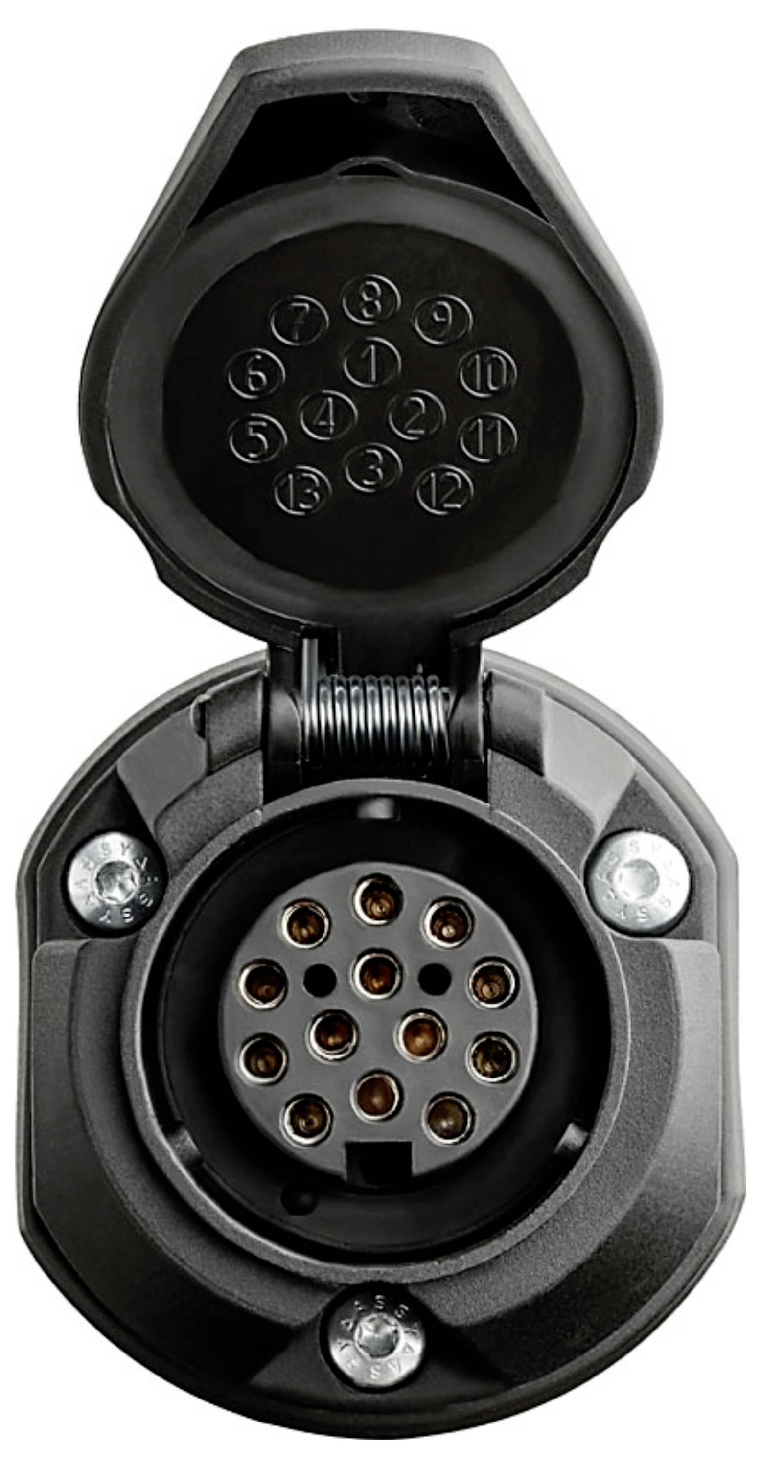 Ein 13-poliger Anhängerstecker, schwarz, mit offener Abdeckung und nummerierten Anschlüssen, verwendet zum Anschließen von Anhängern an Fahrzeuge für elektrische Signale.