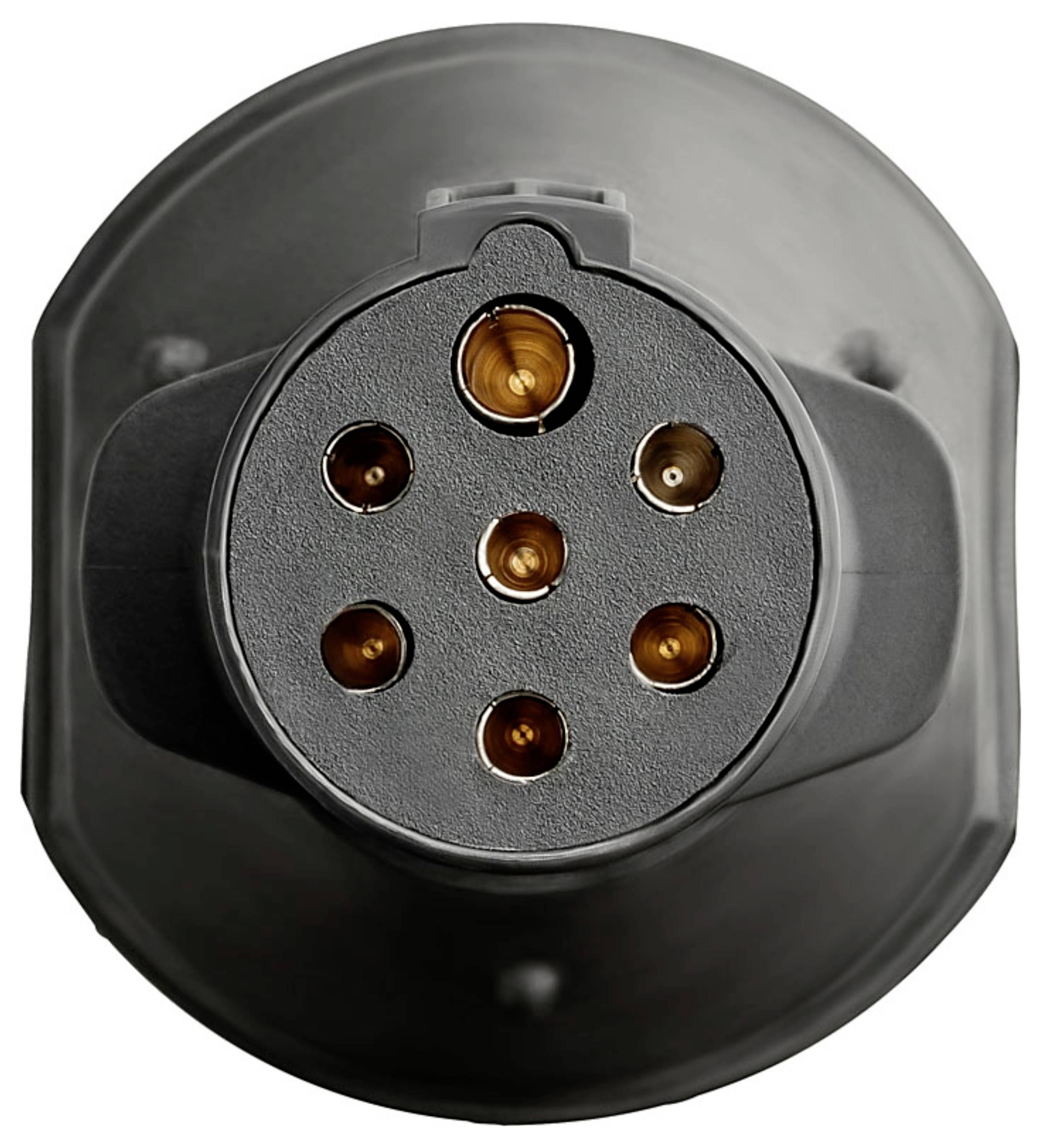 Ein Nahaufnahmebild eines Ladesteckers für Elektrofahrzeuge mit sieben kreisförmigen Kontaktstiften, der für den Anschluss an eine Ladestation entwickelt wurde.