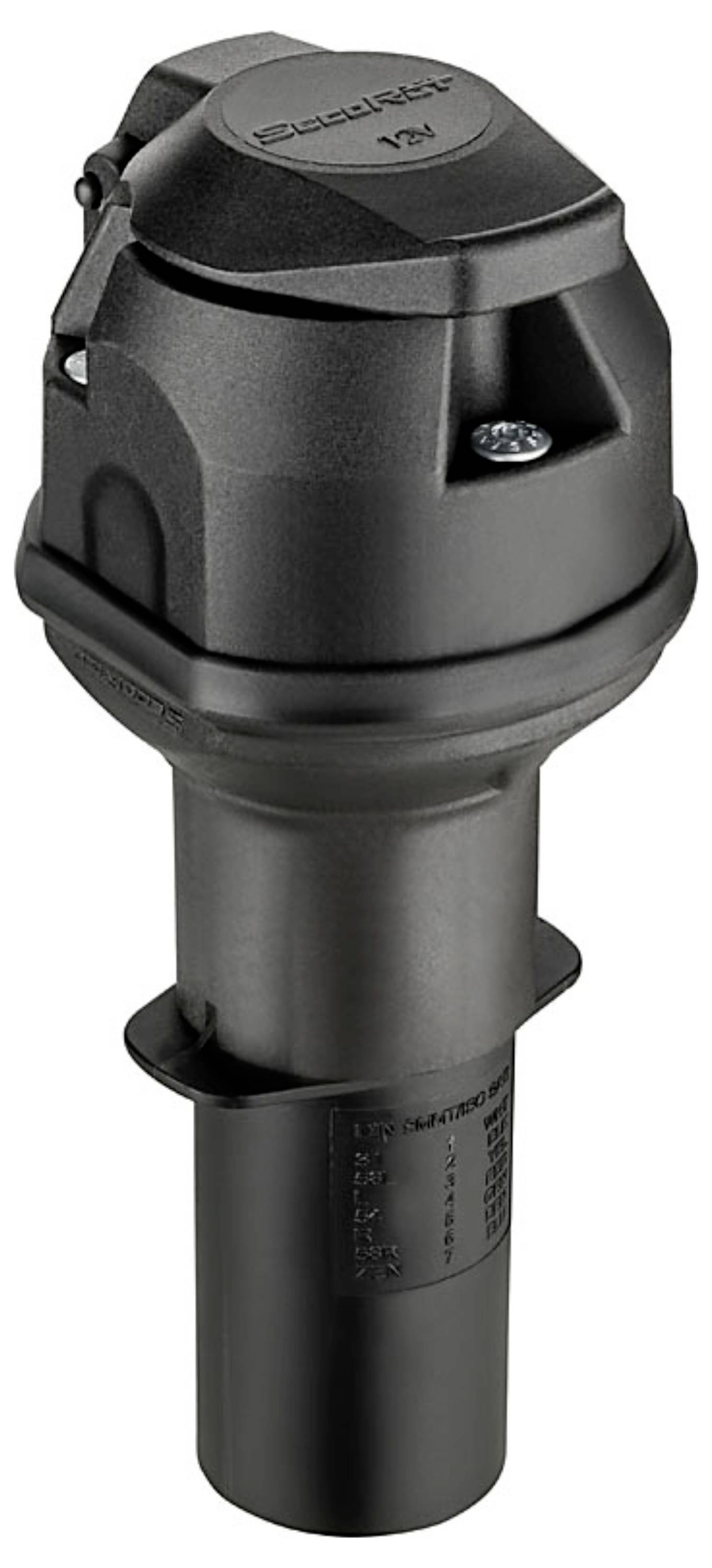 Ein schwarzer kommerzieller Bewässerungsrotor mit einem robusten Gehäuse und einer Düse, der wahrscheinlich zur effizienten Wasserverteilung über große Flächen eingesetzt wird.