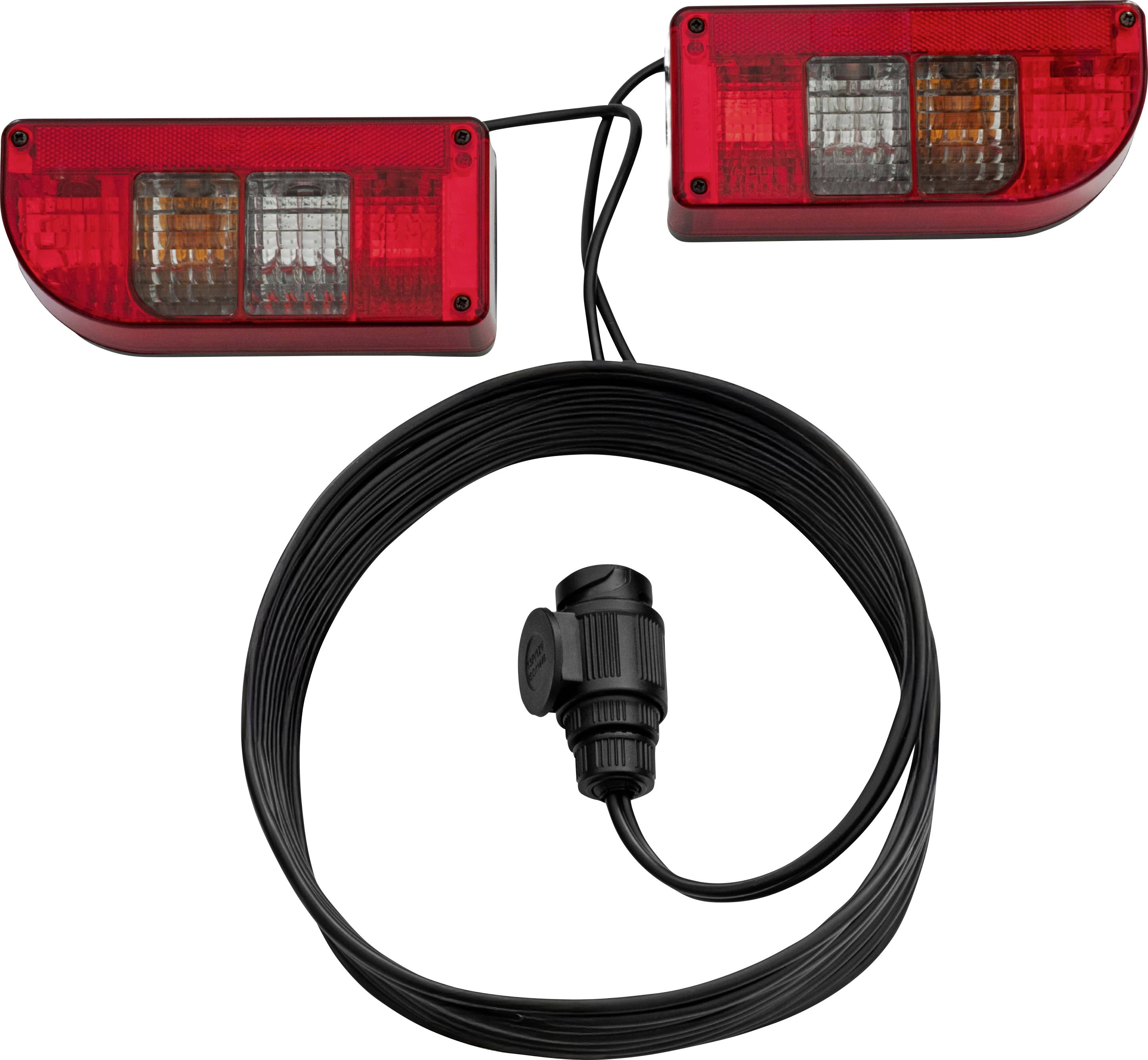 Rote Anhängerleuchten, durch Kabel verbunden, die Rückfahrlichter und Bremsleuchten anzeigen. Enthält ein langes, schwarzes Spiralkabel mit Stecker.