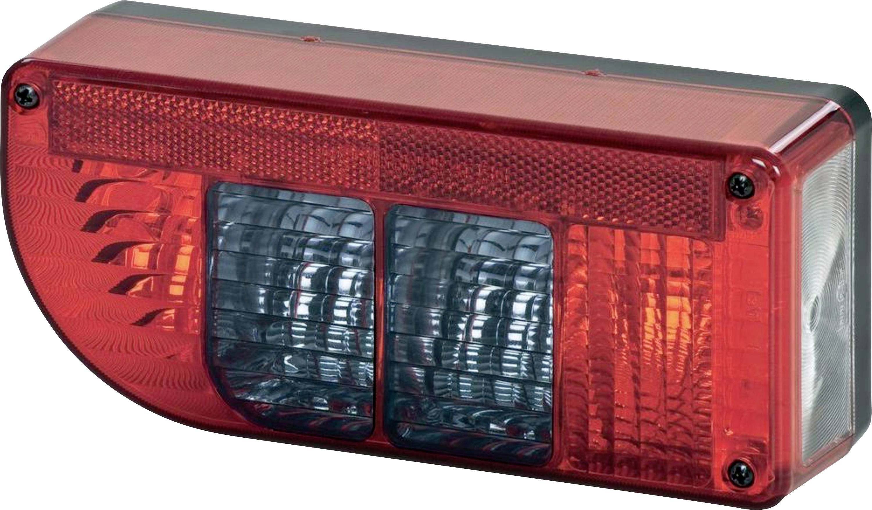 Ein rechteckiges rotes und transparentes Fahrzeugrücklicht mit strukturierter Oberfläche, das typischerweise bei Autos oder Lastwagen zur Signalisierung und Sicherheit verwendet wird.