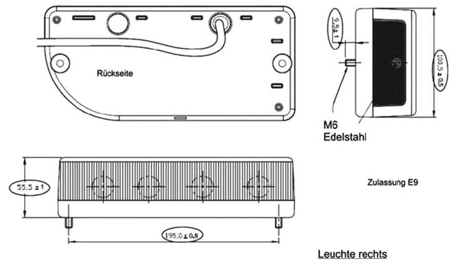 Technische Zeichnung einer rechteckigen Leuchte. Enthält Abmessungen und deutsche Beschriftungen: 'Rückseite', 'M6 Edelstahl', 'Zulassung E9', 'Leuchte rechts'.