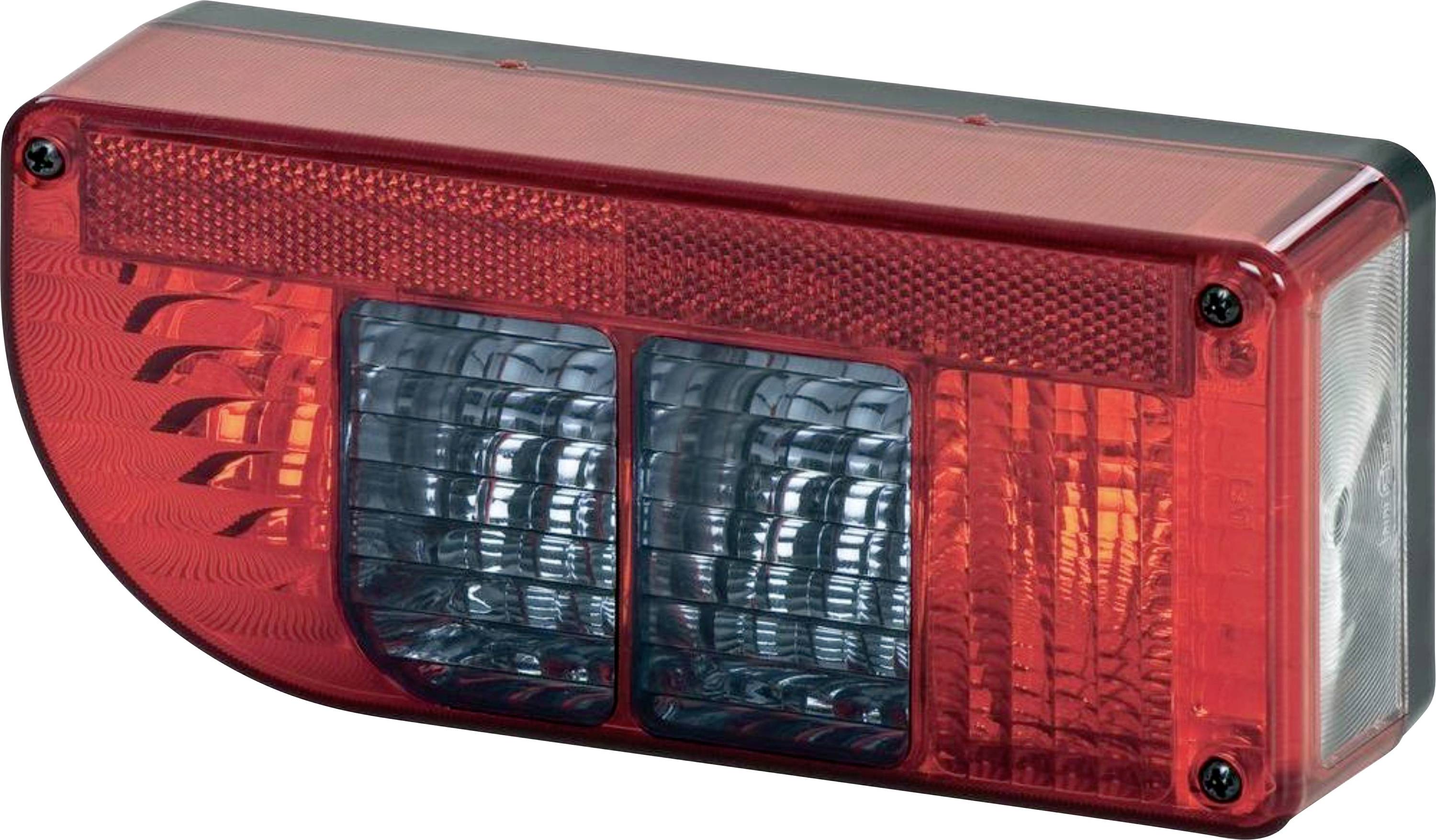 Eine rechteckige Fahrzeugheckleuchte mit roten und blauen Linsen, entwickelt für Signalisierung und Bremsen, montiert in einem schwarzen Gehäuse.