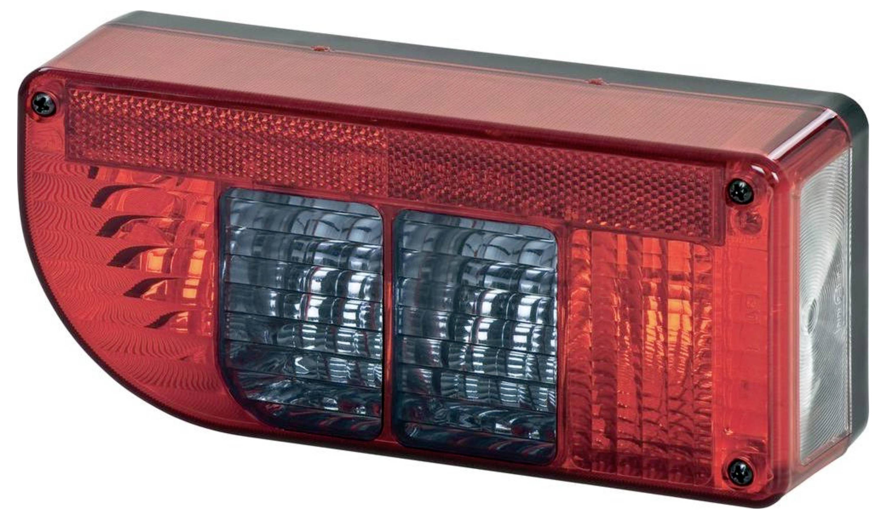 Ein rechteckiges Rücklicht aus roter und klarer Kombination mit Blinker- und Bremskompartimenten, geeignet für die Heckbeleuchtung von Fahrzeugen.